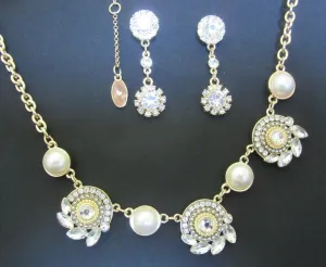 Necklace 6396 Pearl Zircon Golden Necklace Earring Set