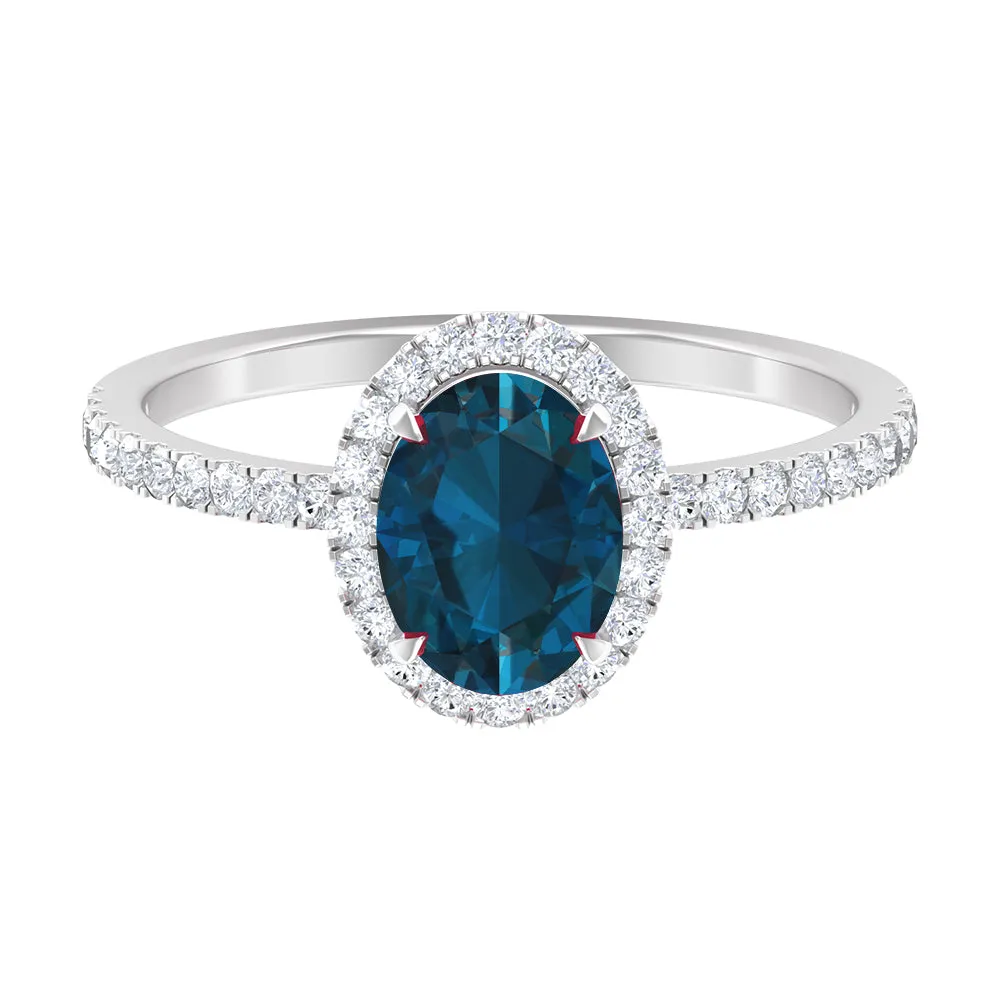 Oval Shape London Blue Topaz Cocktail Engagement Ring with Diamond