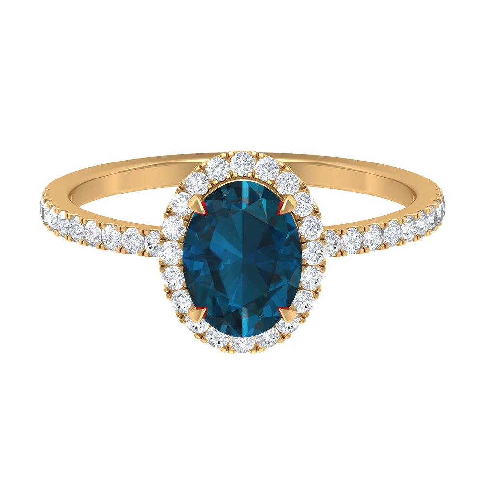 Oval Shape London Blue Topaz Cocktail Engagement Ring with Diamond
