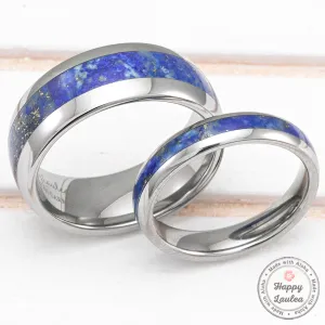 Pair of 4&8mm Tungsten Carbide Rings with Lapis Lazuli Inlay - Dome Shape, Comfort Fitment