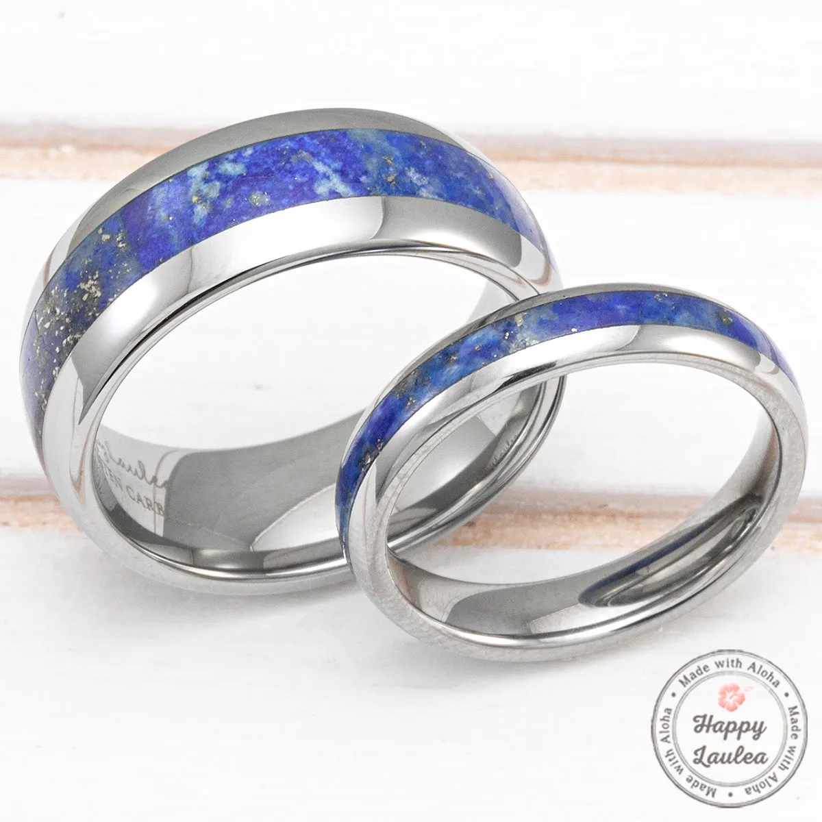 Pair of 4&8mm Tungsten Carbide Rings with Lapis Lazuli Inlay - Dome Shape, Comfort Fitment