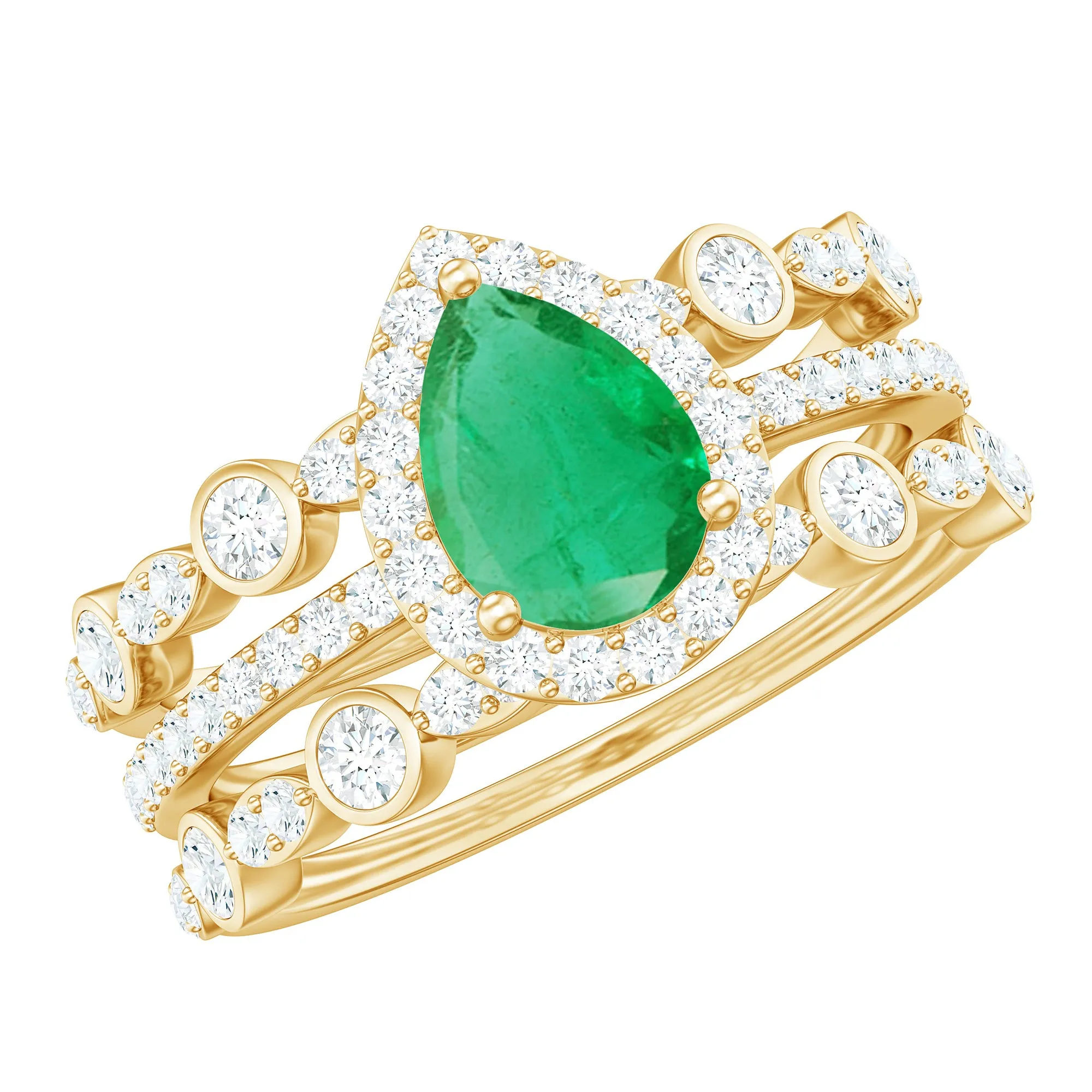 Pear Cut Emerald Bridal Trio Ring Set with Moissanite Band