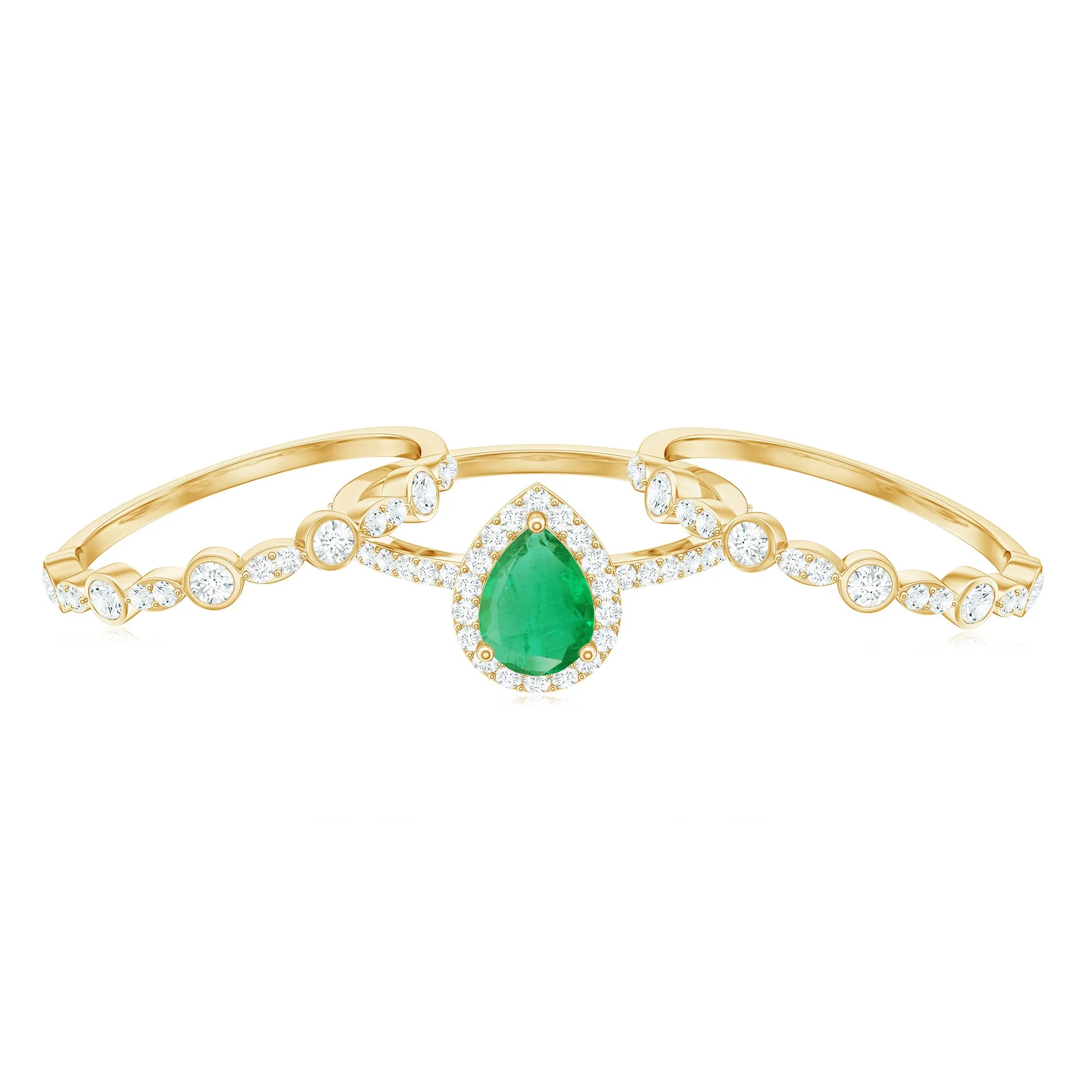 Pear Cut Emerald Bridal Trio Ring Set with Moissanite Band