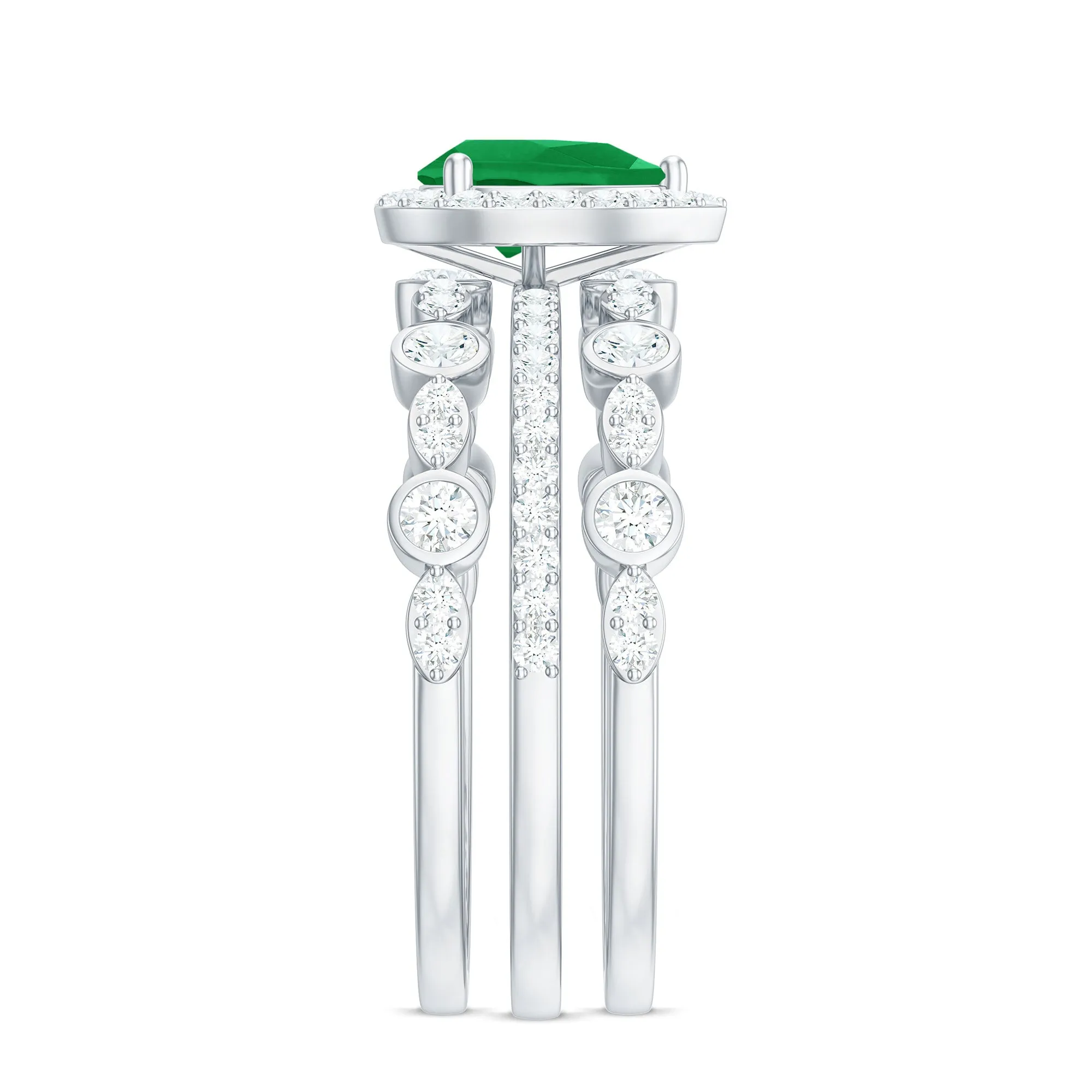 Pear Cut Emerald Bridal Trio Ring Set with Moissanite Band