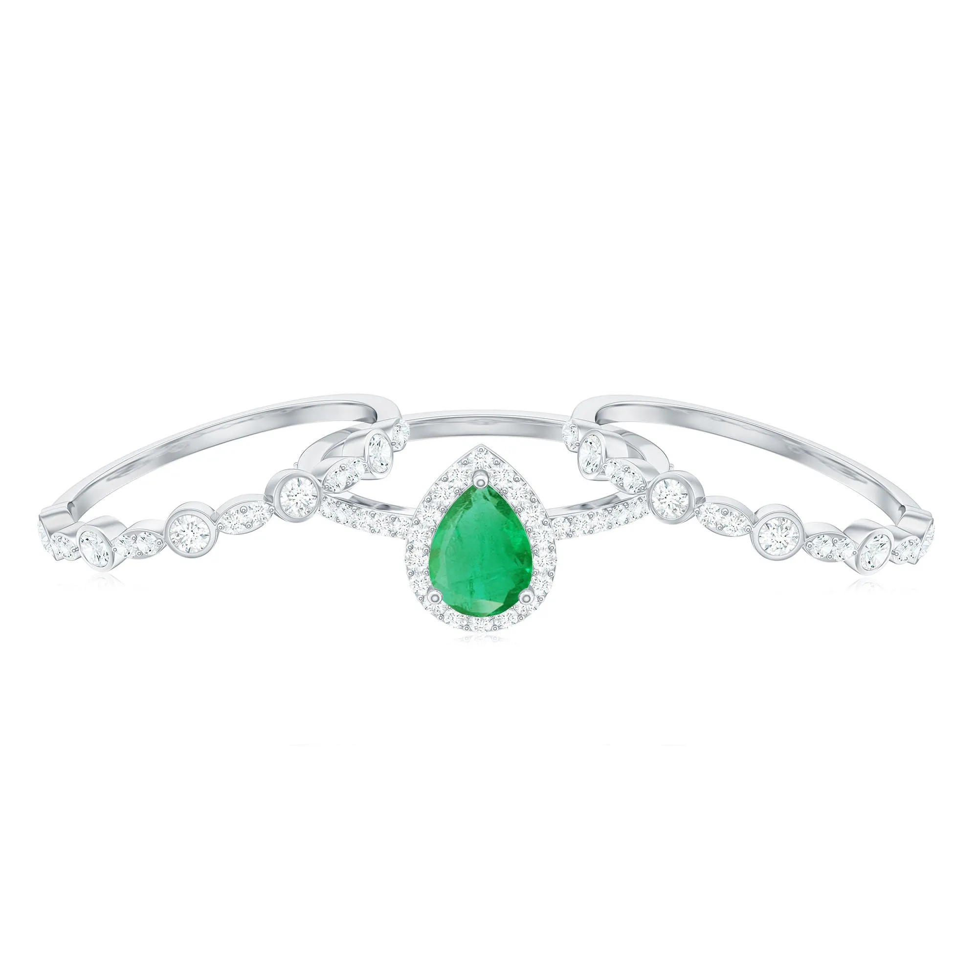 Pear Cut Emerald Bridal Trio Ring Set with Moissanite Band