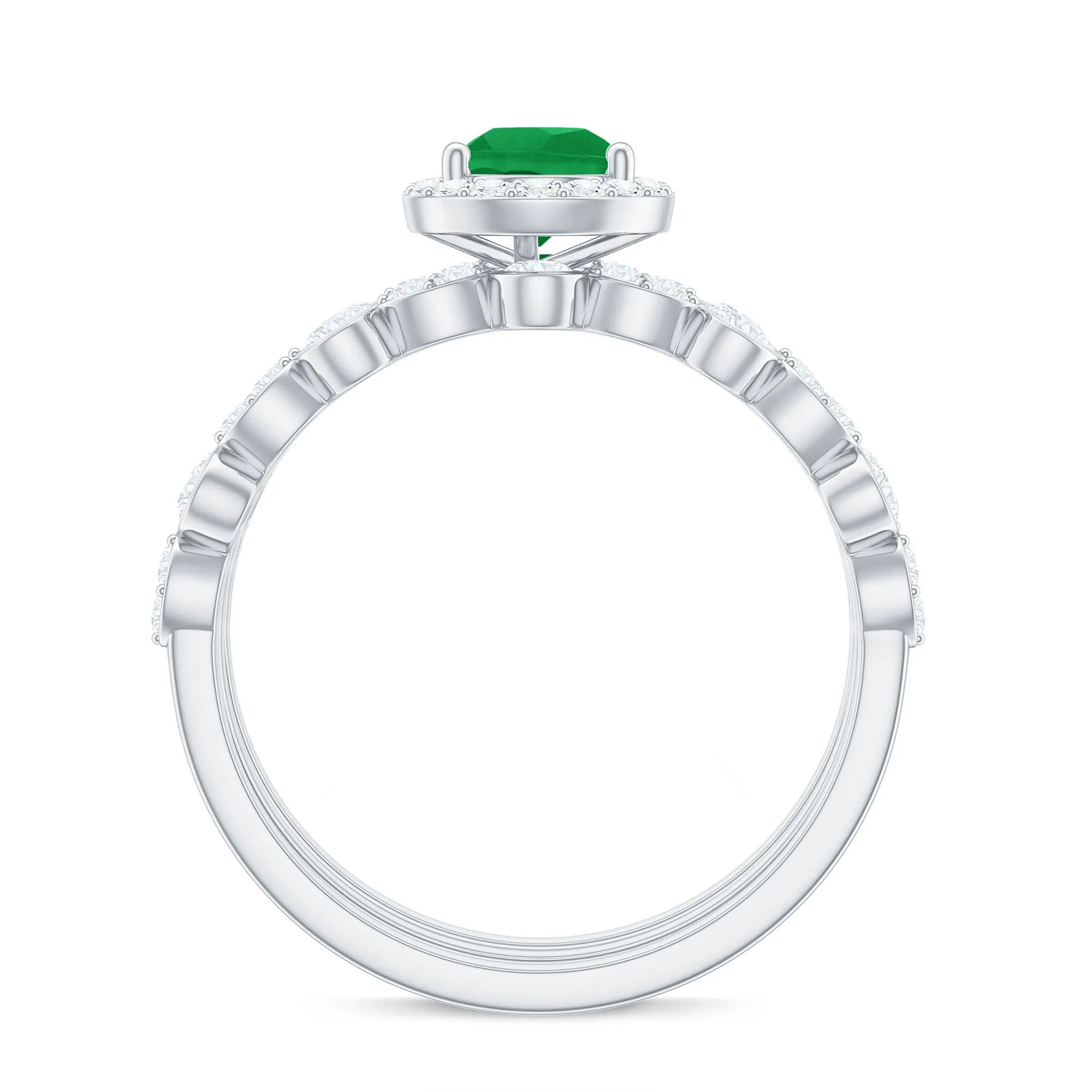 Pear Cut Emerald Bridal Trio Ring Set with Moissanite Band