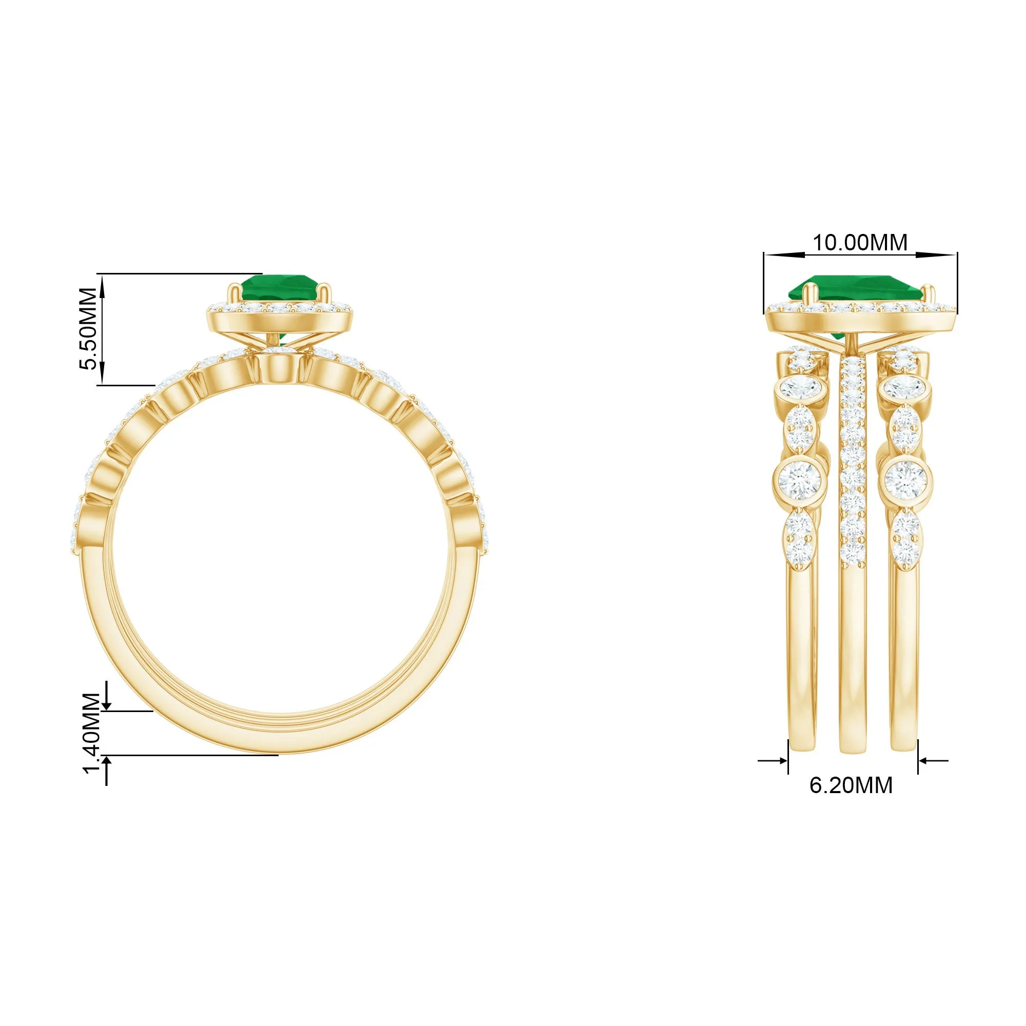 Pear Cut Emerald Bridal Trio Ring Set with Moissanite Band