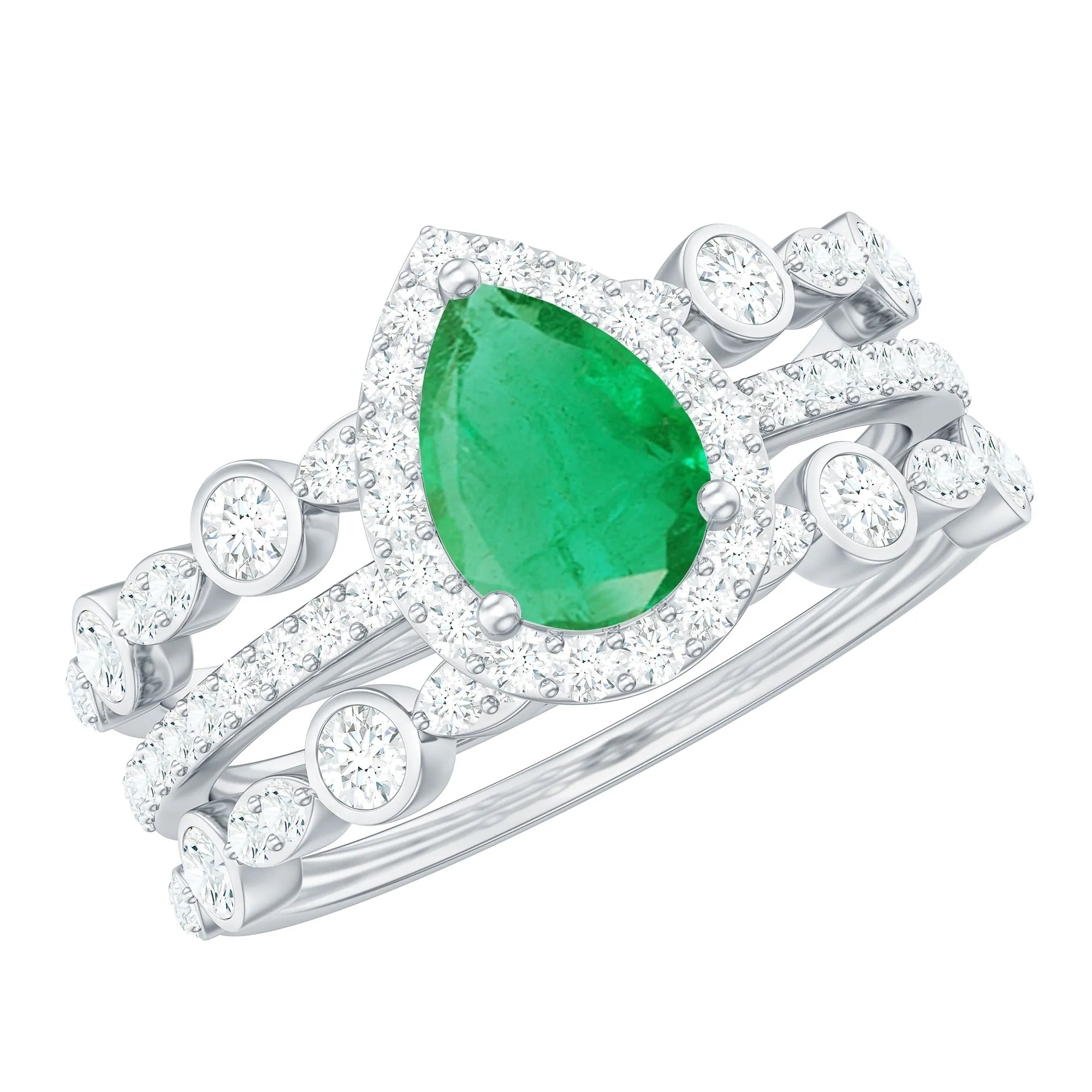 Pear Cut Emerald Bridal Trio Ring Set with Moissanite Band
