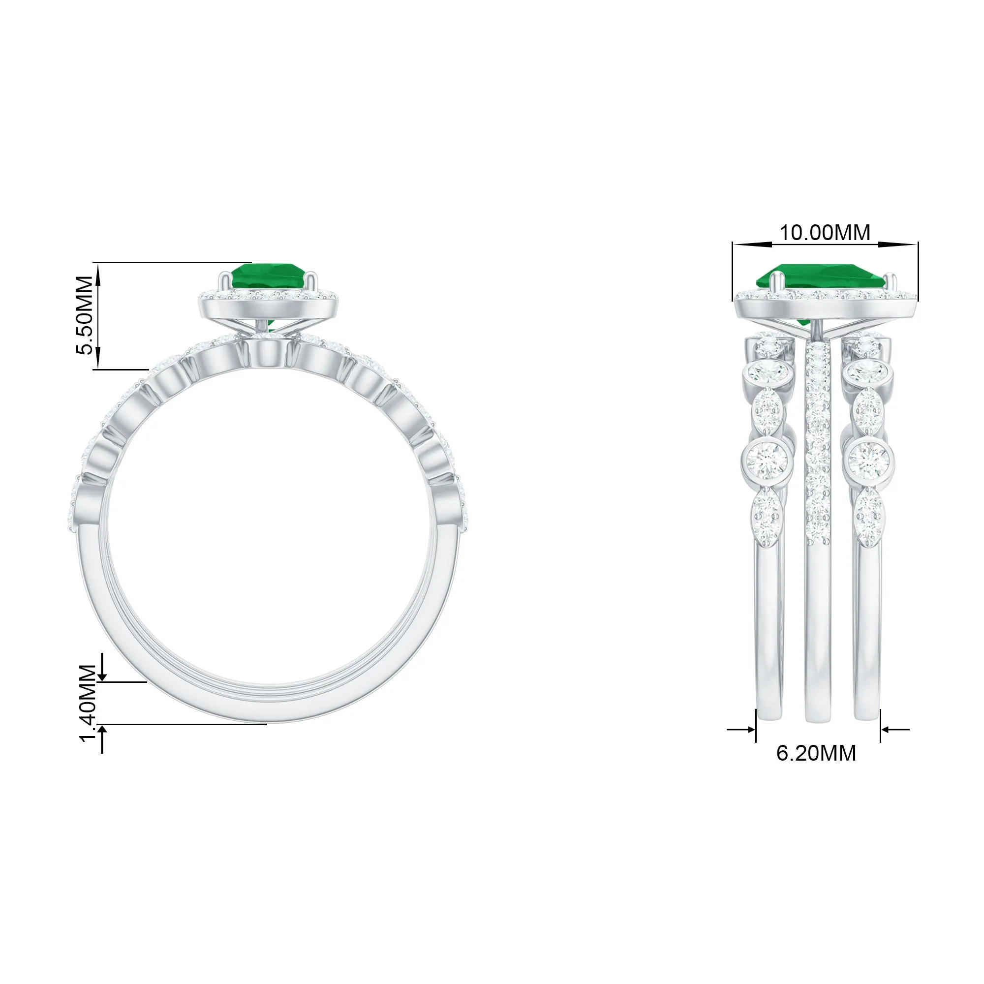 Pear Cut Emerald Bridal Trio Ring Set with Moissanite Band