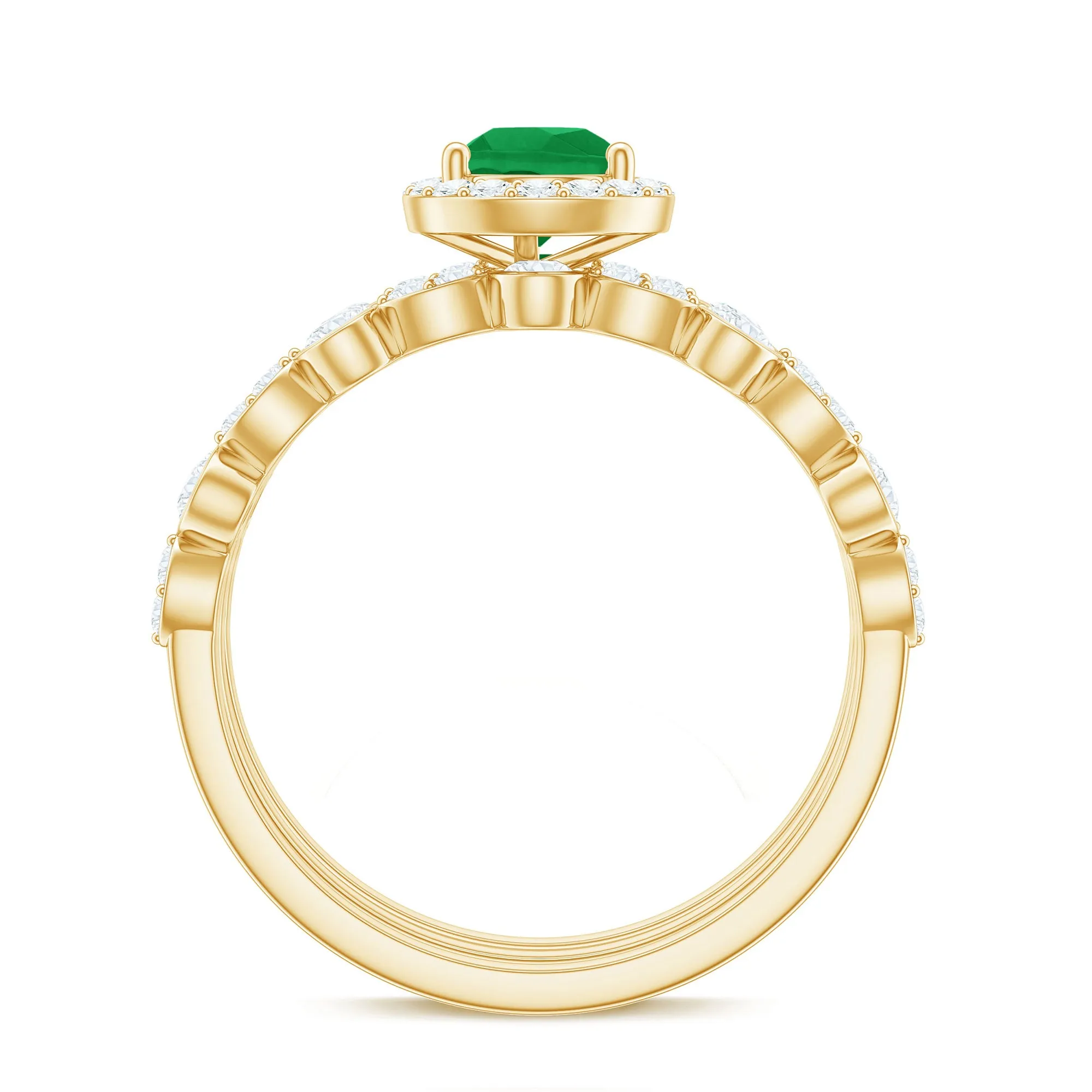 Pear Cut Emerald Bridal Trio Ring Set with Moissanite Band
