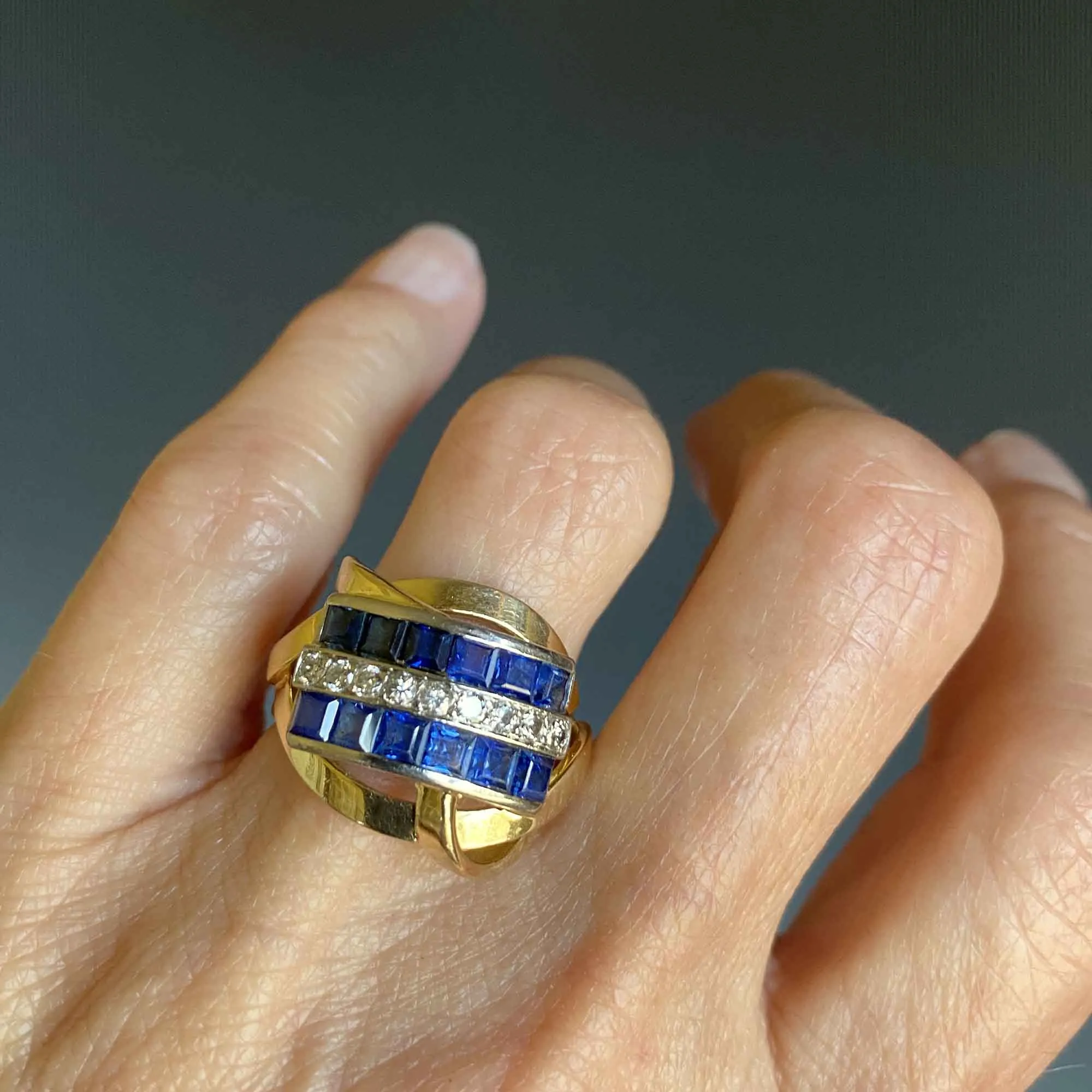 Retro 18K Gold Sapphire Diamond Cocktail Ring