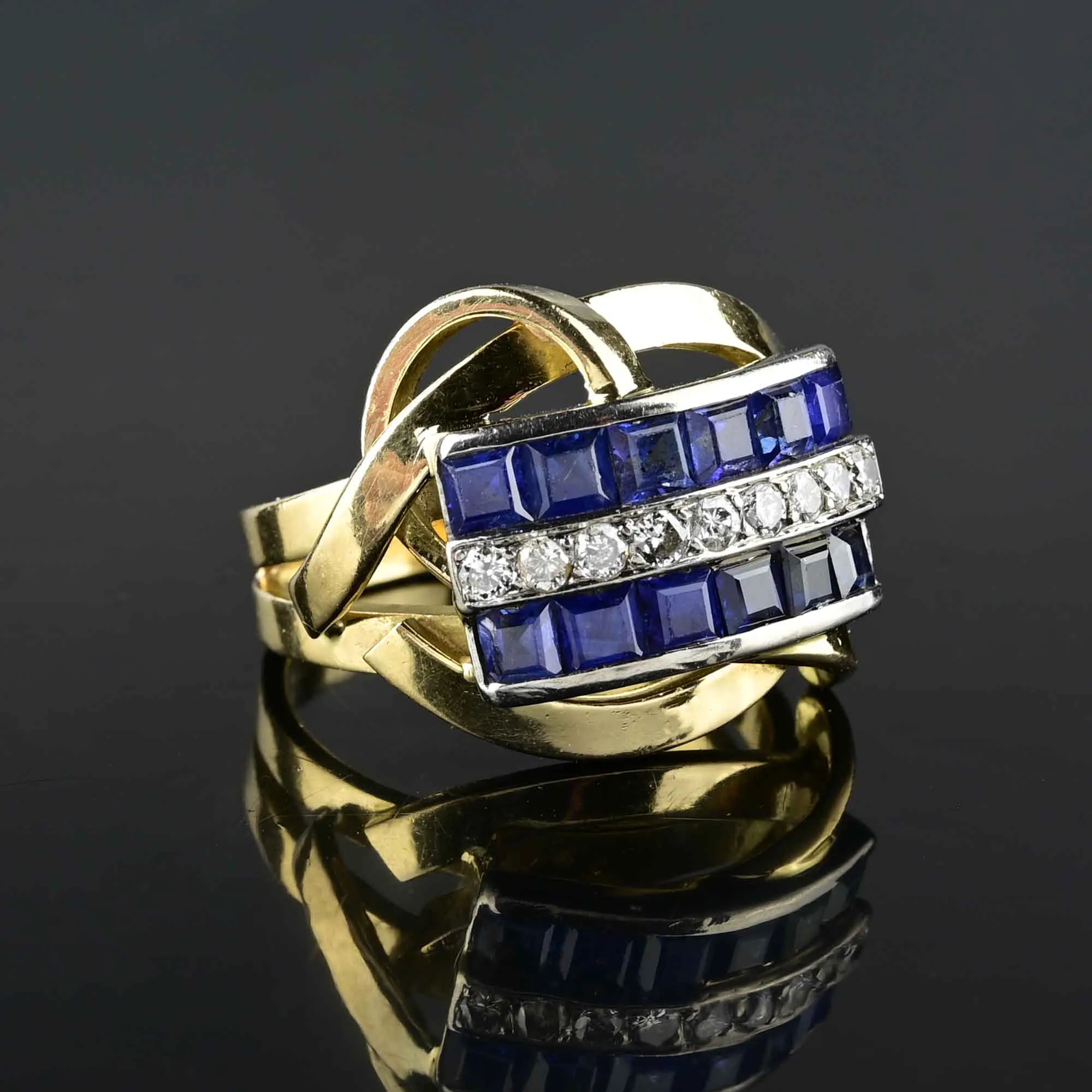 Retro 18K Gold Sapphire Diamond Cocktail Ring