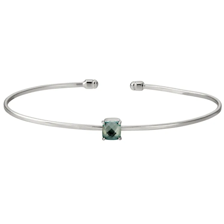 Rhodium Finish Sterling Silver Pliable Cuff Bracelet with Faceted Cushion Cut Simulated Blue Topaz Birth Gem - December