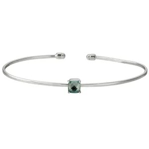 Rhodium Finish Sterling Silver Pliable Cuff Bracelet with Faceted Cushion Cut Simulated Blue Topaz Birth Gem - December