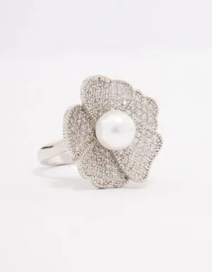 Rhodium Large Flower & Pearl Ring