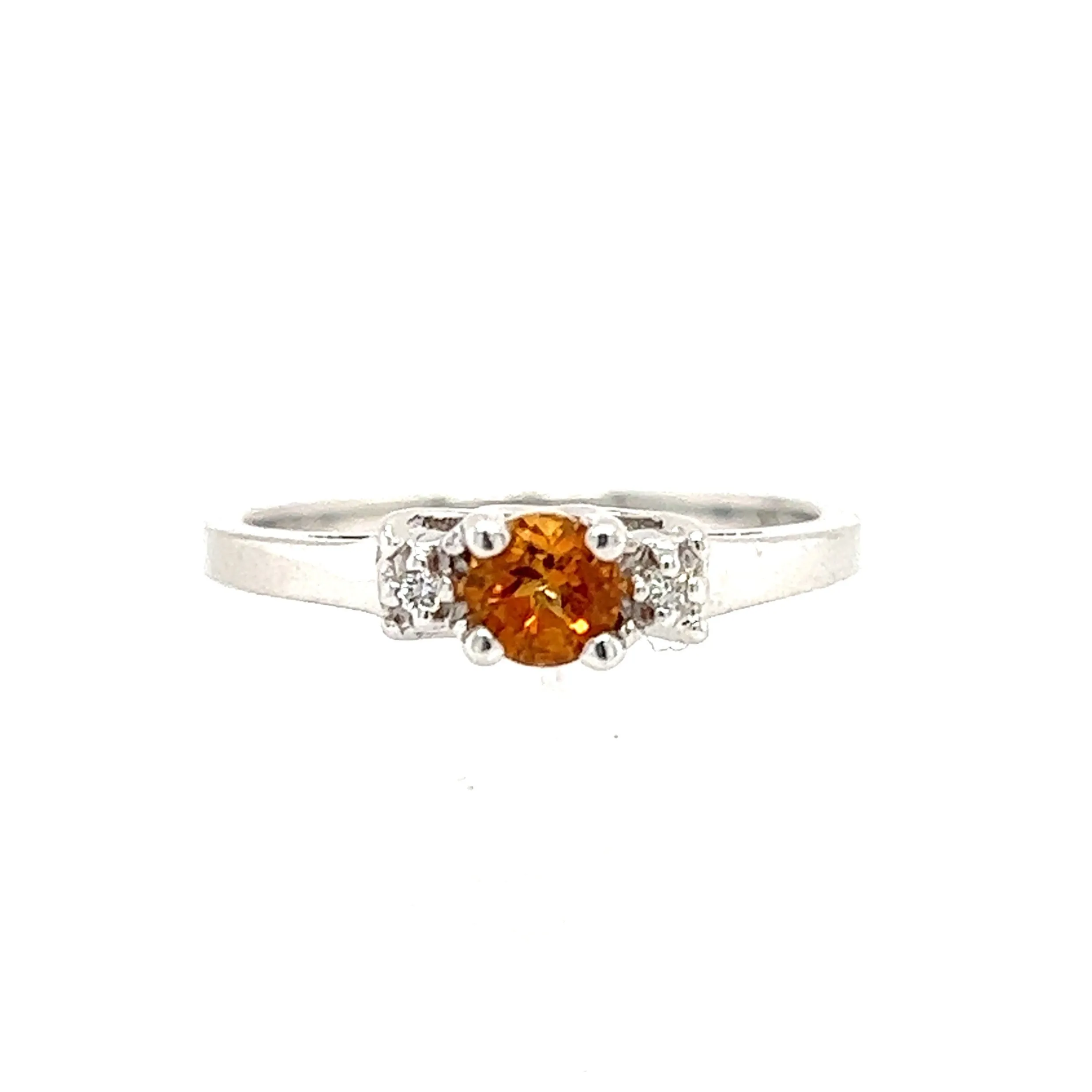 Round Citrine Ring with Side Diamonds in 14K White Gold