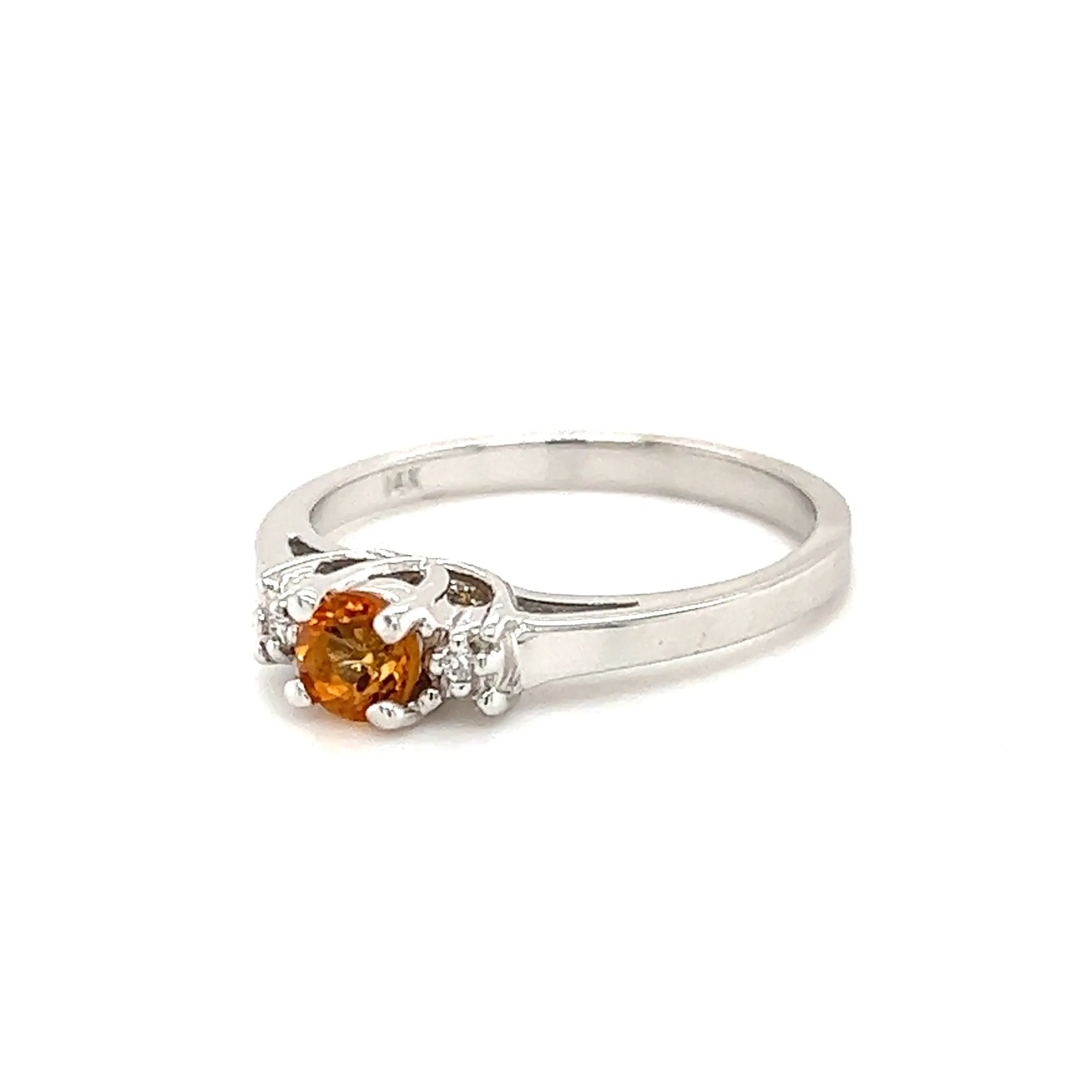 Round Citrine Ring with Side Diamonds in 14K White Gold