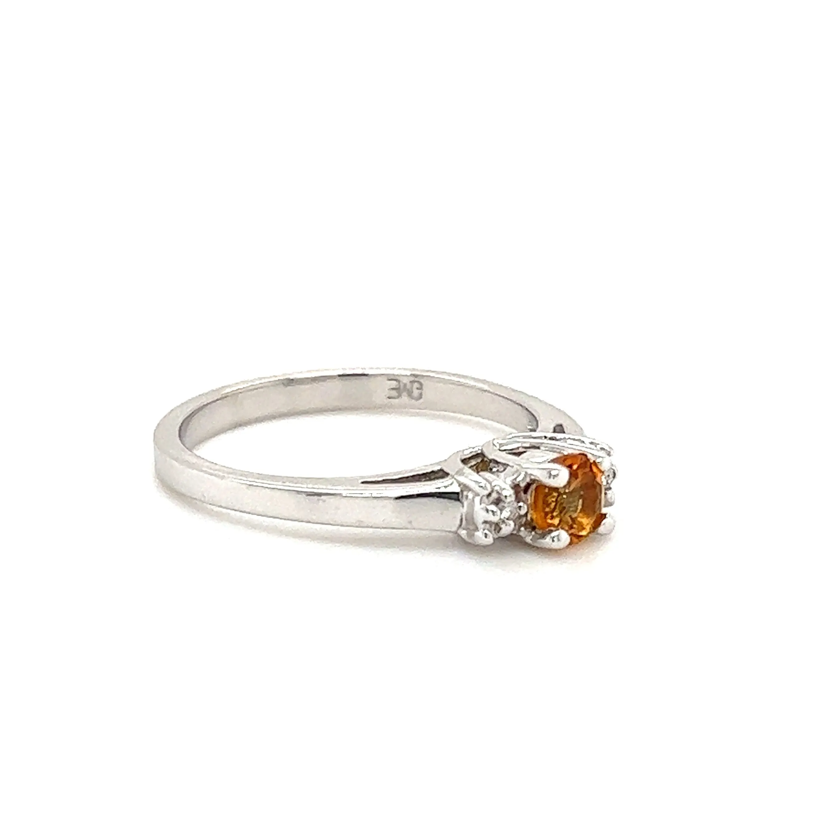 Round Citrine Ring with Side Diamonds in 14K White Gold
