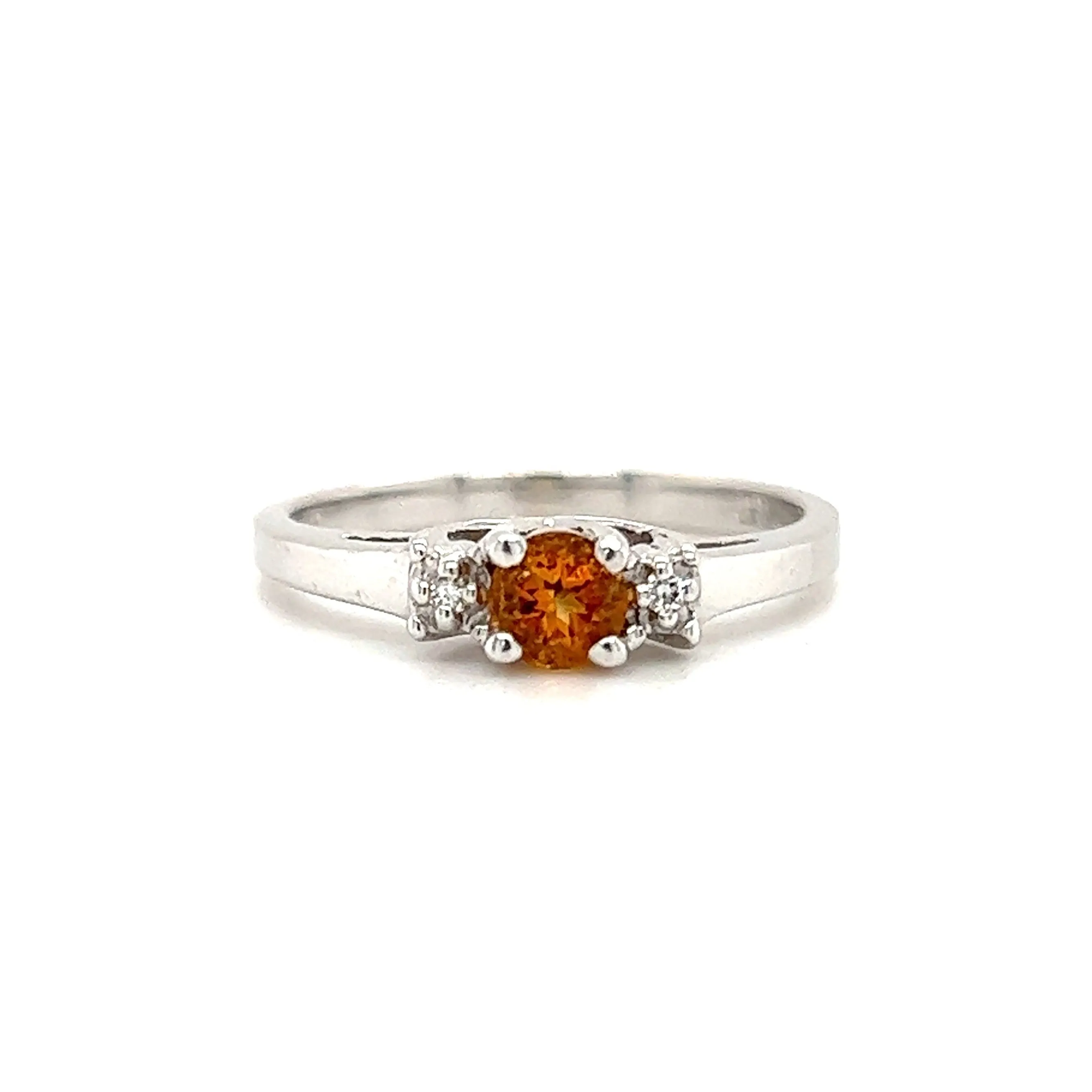 Round Citrine Ring with Side Diamonds in 14K White Gold