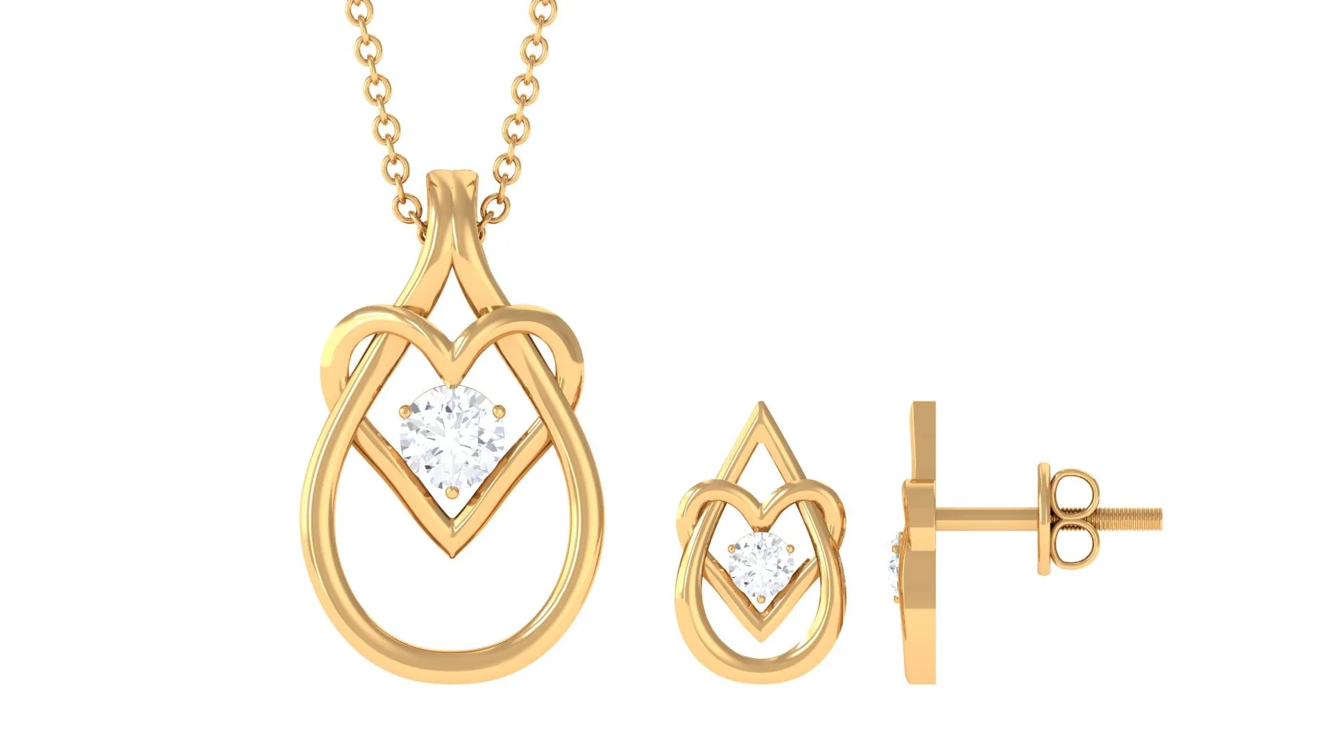 Round Zircon Gold Teardrop Heart Pendant and Earrings Set