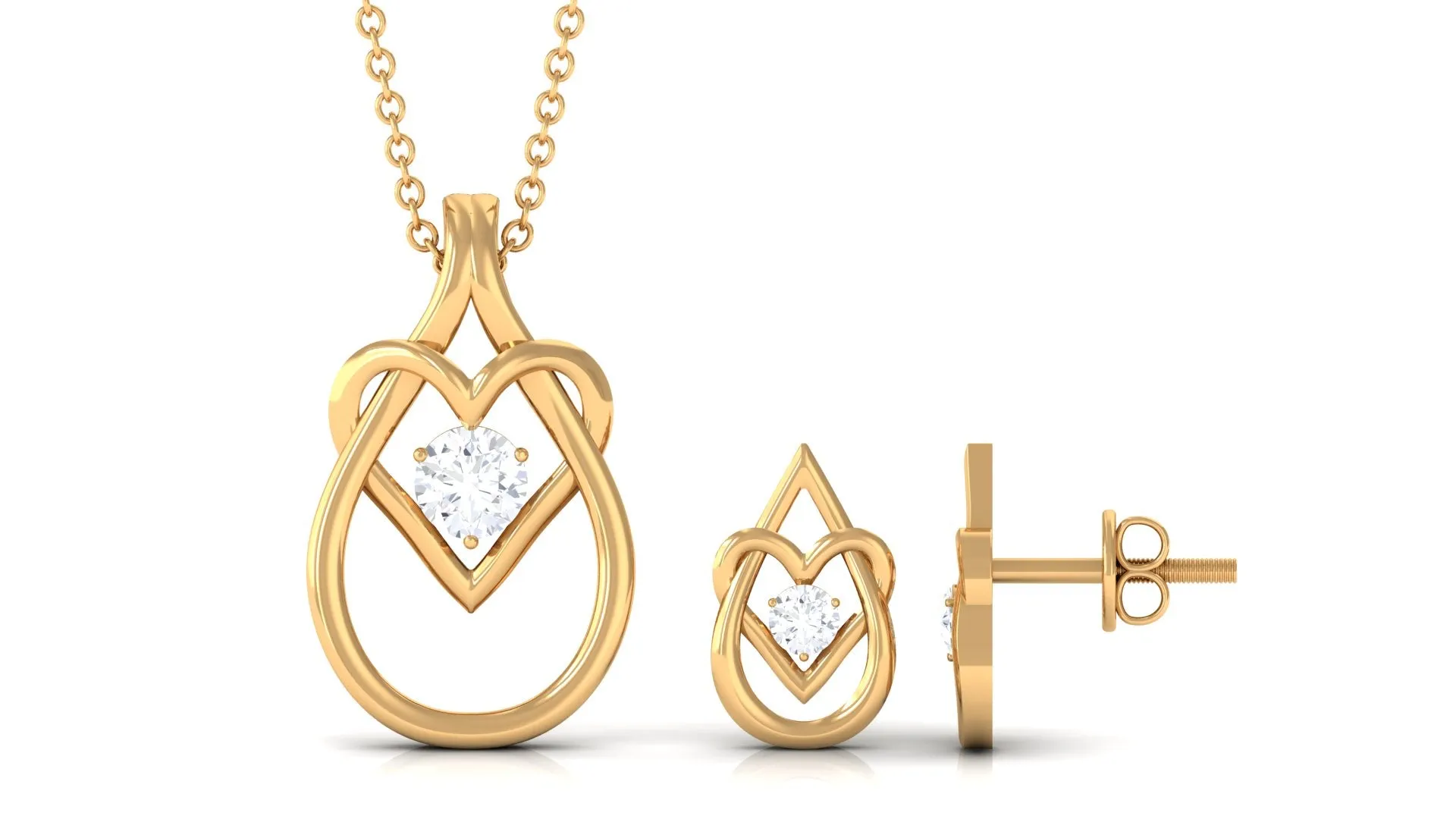 Round Zircon Gold Teardrop Heart Pendant and Earrings Set