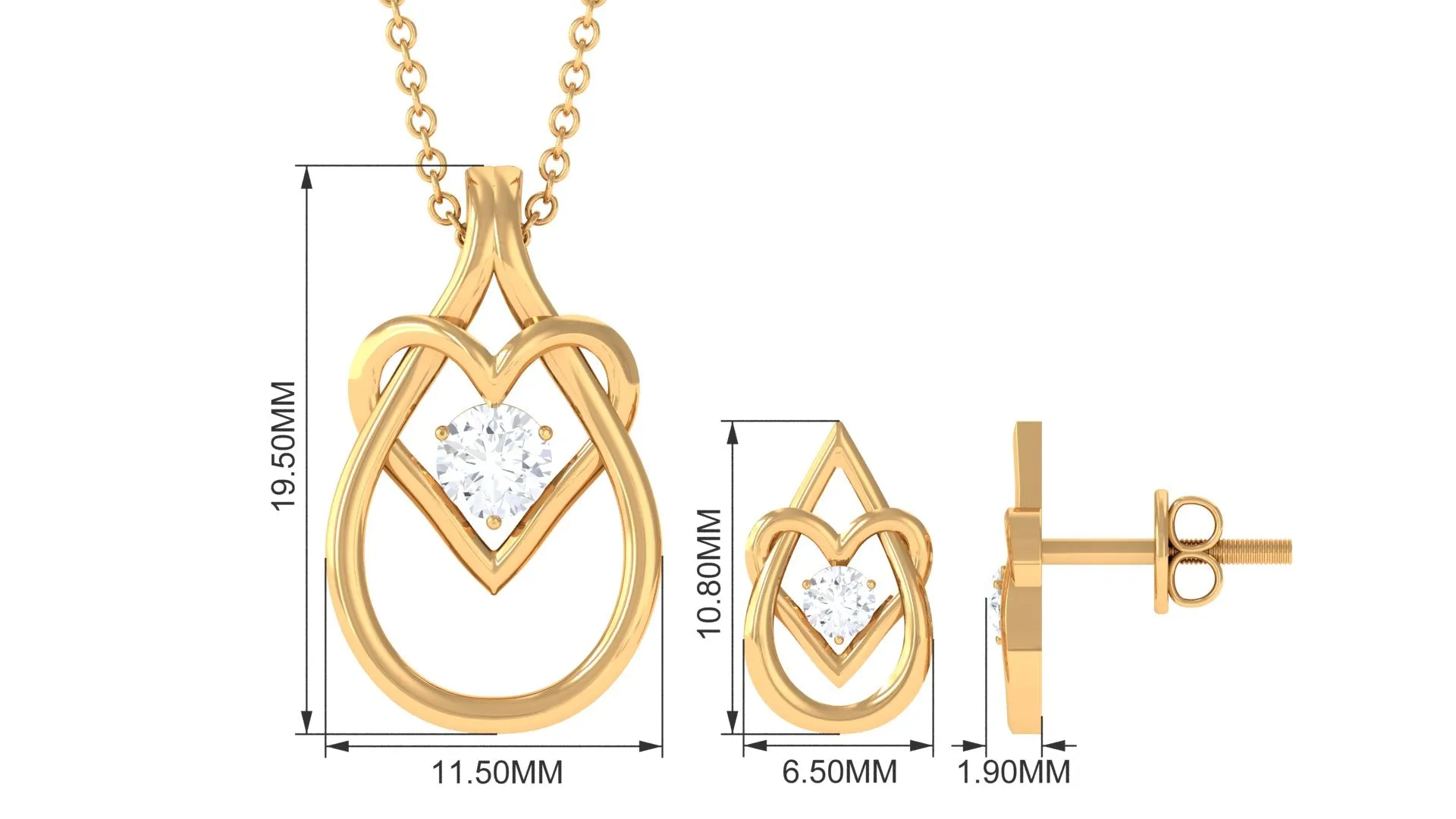 Round Zircon Gold Teardrop Heart Pendant and Earrings Set