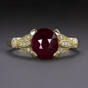 RUBY DIAMOND COCKTAIL RING VINTAGE STYLE 2.04ct 18k YELLOW GOLD OVAL ENGAGEMENT