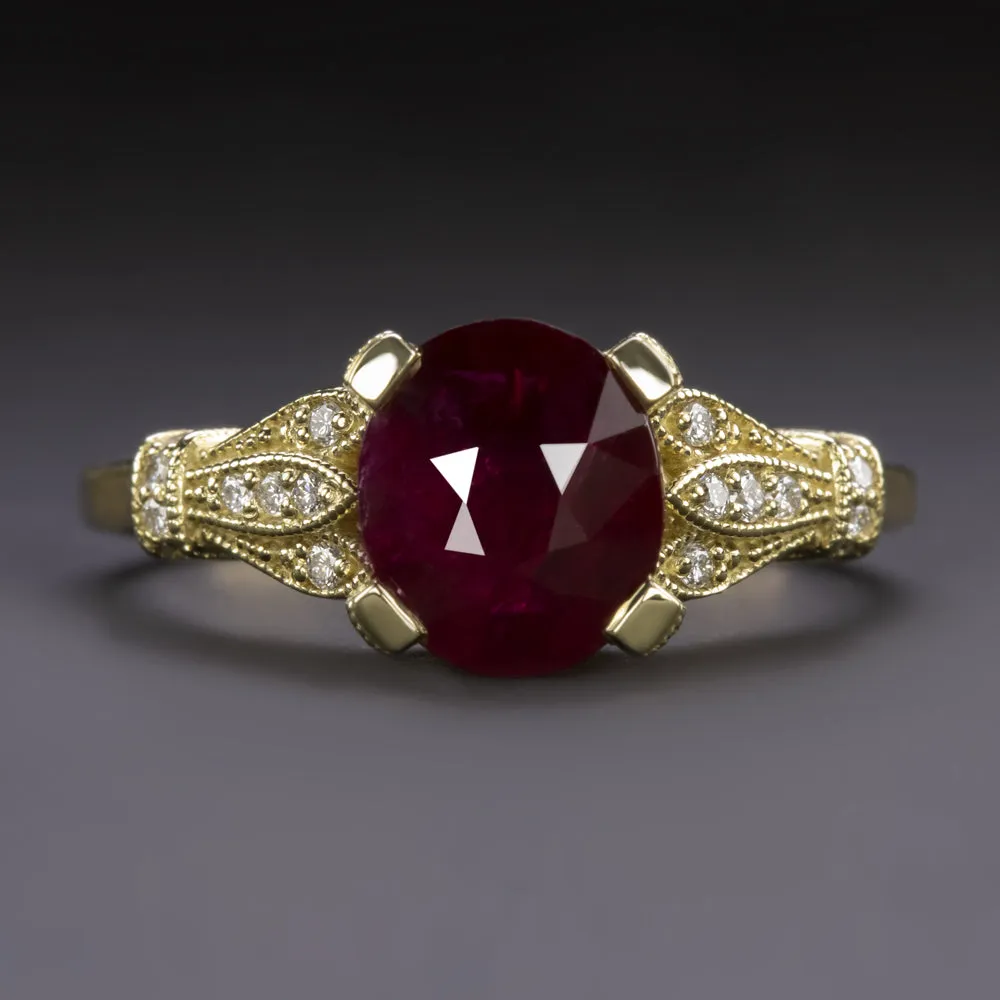 RUBY DIAMOND COCKTAIL RING VINTAGE STYLE 2.04ct 18k YELLOW GOLD OVAL ENGAGEMENT