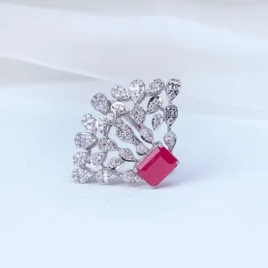 Ruby Diamond Leaf Spray Ring | Nature-Inspired Cocktail Ring