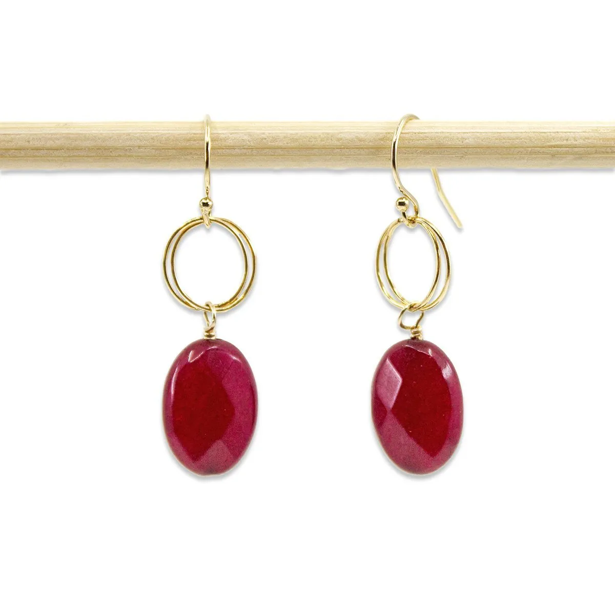 Ruby Red Jade Circle Drop Earrings in Silver or Gold