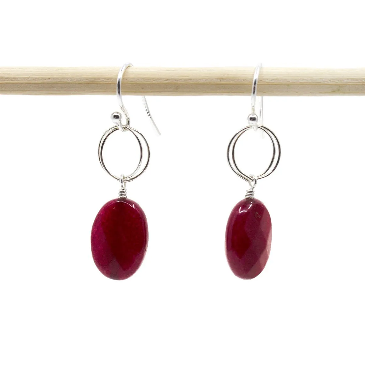 Ruby Red Jade Circle Drop Earrings in Silver or Gold