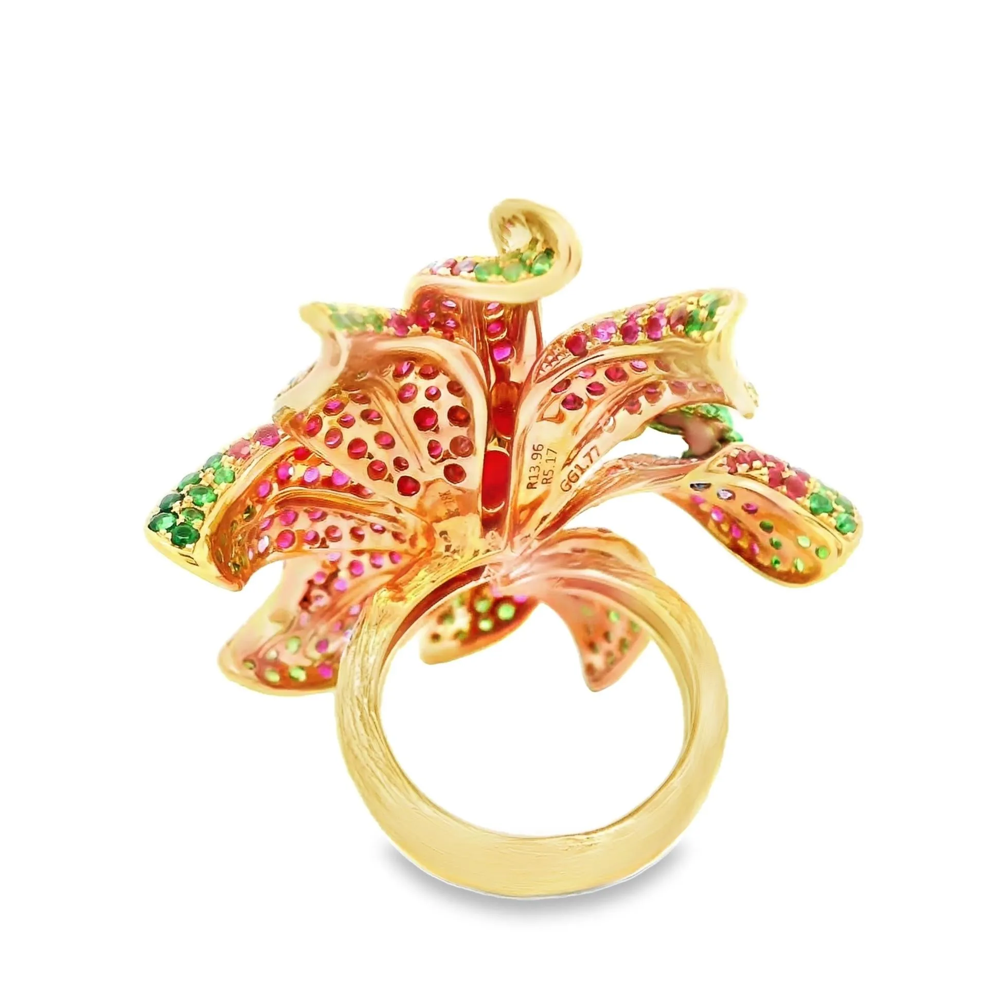 Ruby Tsavorite-Garnet Diamond 18k Rose Gold Floral-Frog Cocktail Ring