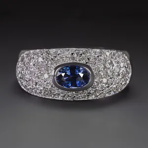 SAPPHIRE DIAMOND COCKTAIL RING WIDE DOME PAVE 14k WHITE GOLD NATURAL 1.55ctw