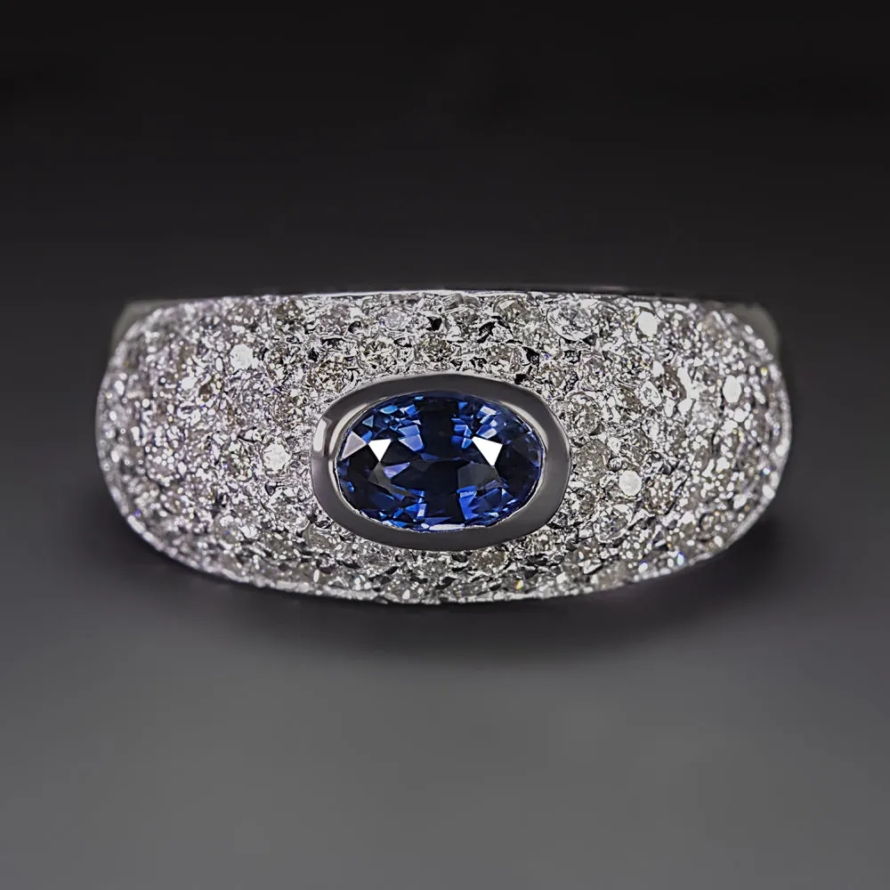 SAPPHIRE DIAMOND COCKTAIL RING WIDE DOME PAVE 14k WHITE GOLD NATURAL 1.55ctw