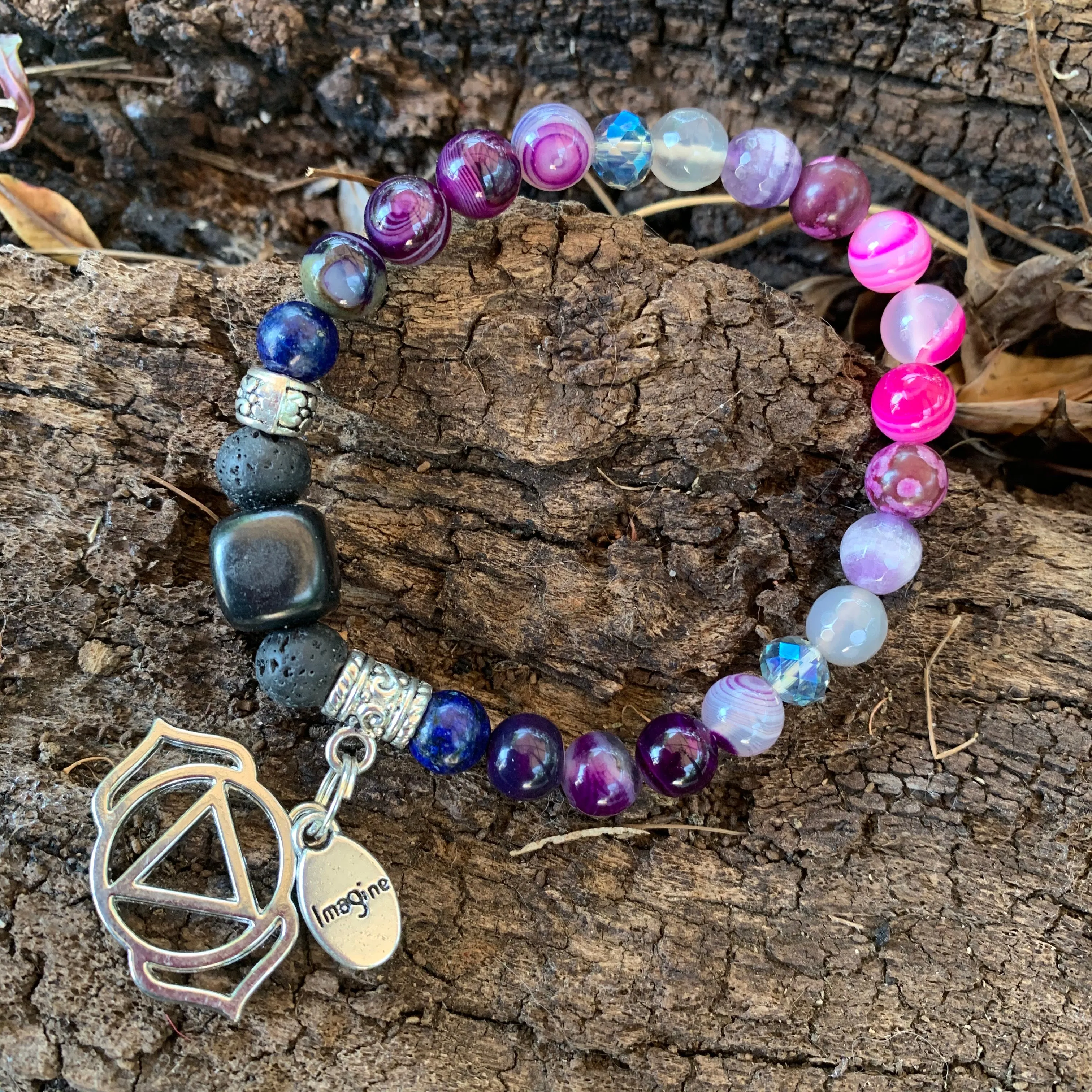 Shungite Amplified THIRD EYE Chakra Bracelet with Third Eye Symbol and IMAGINE charms ~ medium [#34]