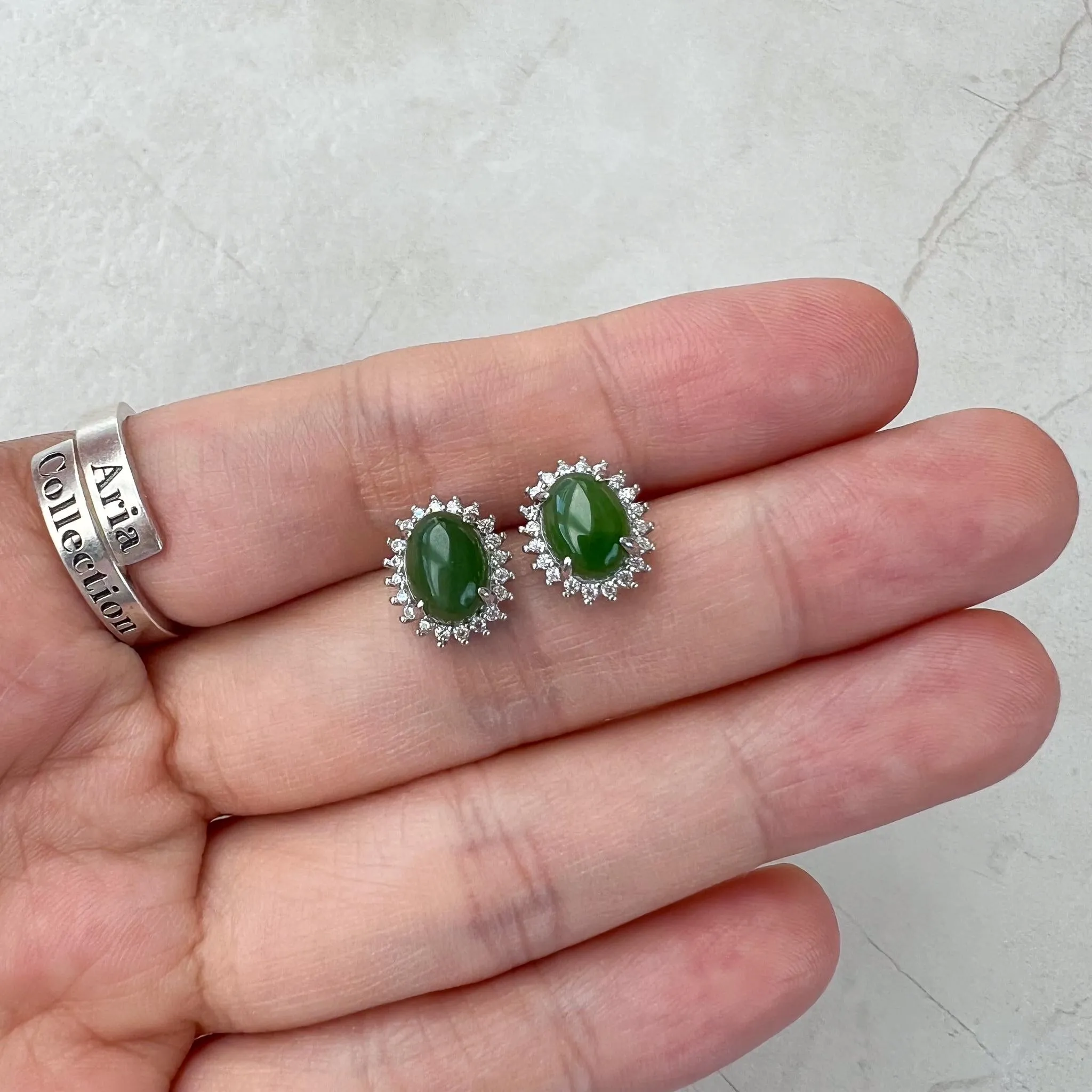 Silver Sunlit Jade Earring Studs, Green Nephrite Jade Sterling Silver Earrings, JSY-0424-12116