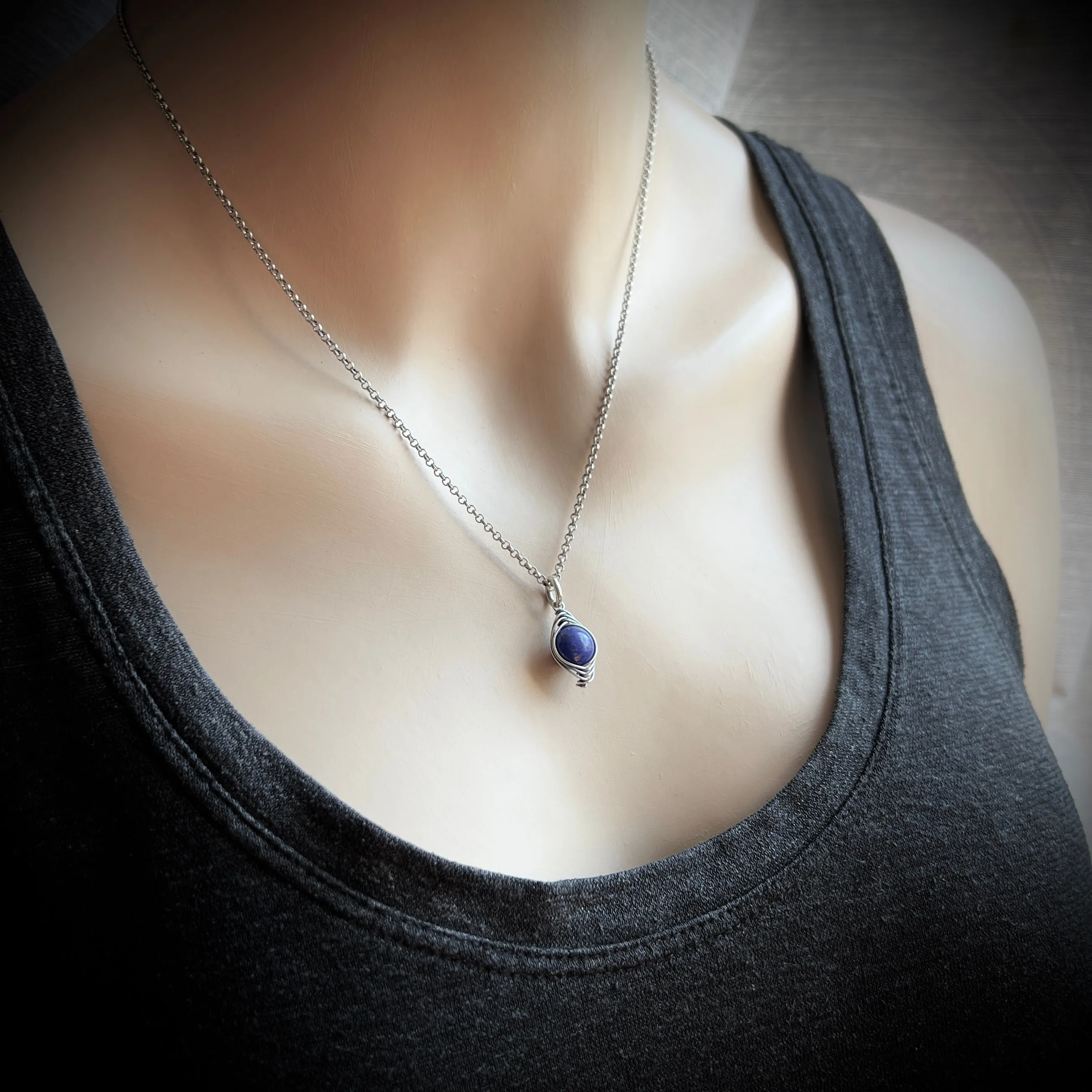 Sterling Silver Lapis Lazuli Necklace | Blue Natural Stone Wire-wrapped Pendant