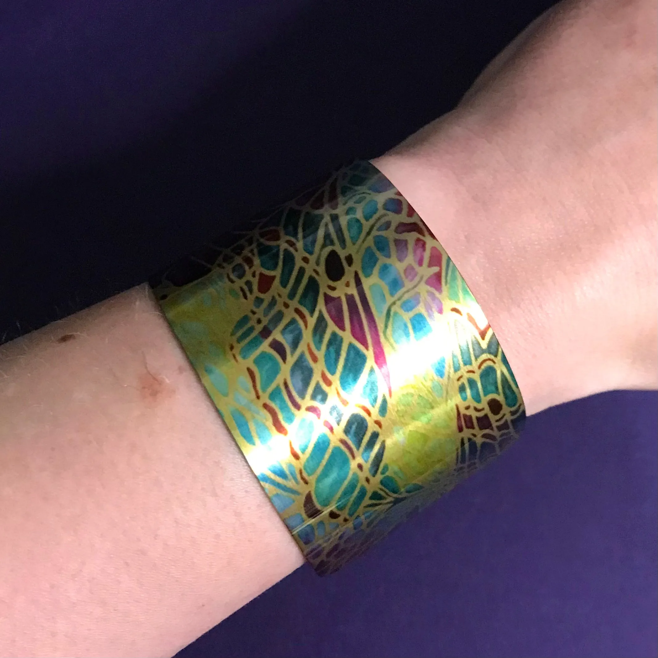Teal Green and Beaujolais Butterfly Moth Cuff Bracelet - Comtemporary Green Bangle - easy wear lightweight aluminium.
