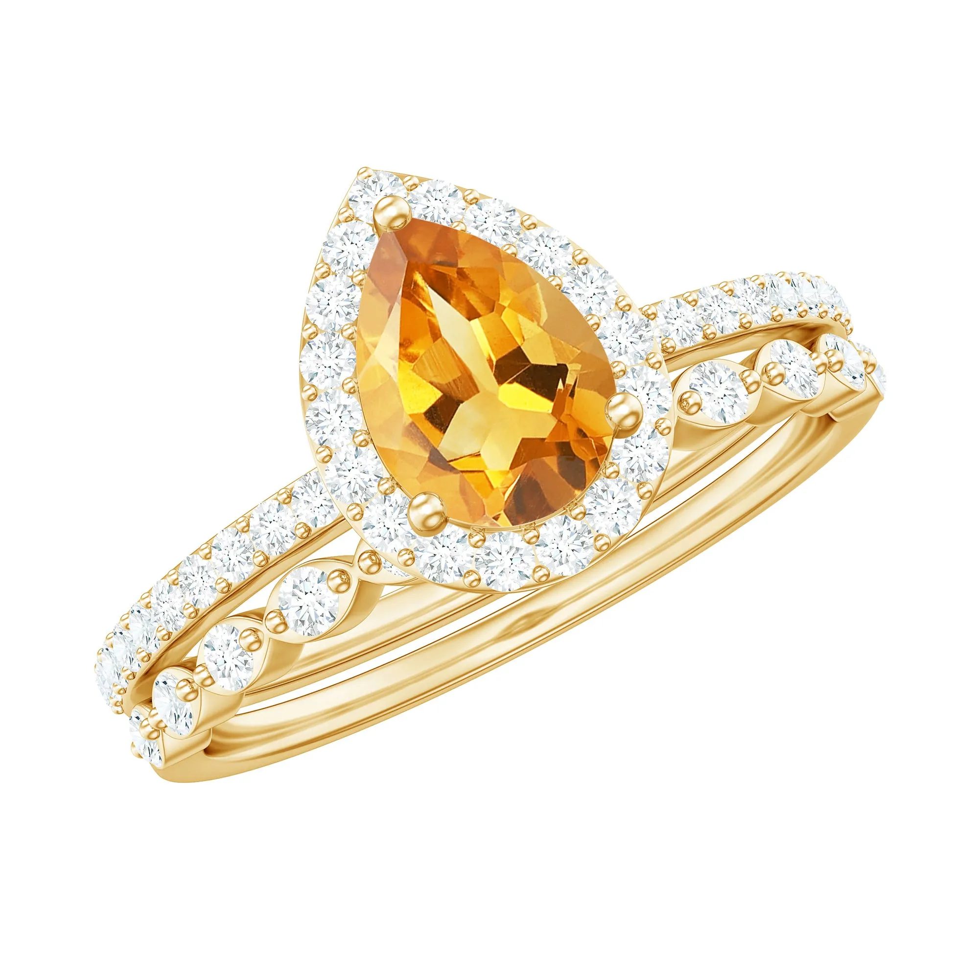 Teardrop Citrine Bridal Ring Set with Moissanite