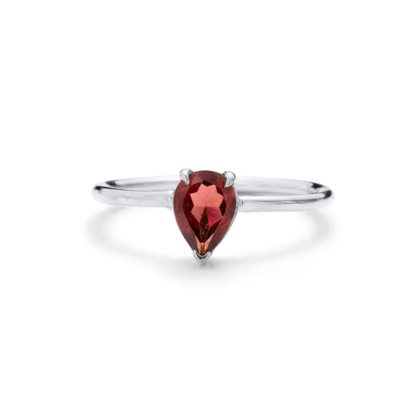 Teardrop Ring, Garnet, Silver