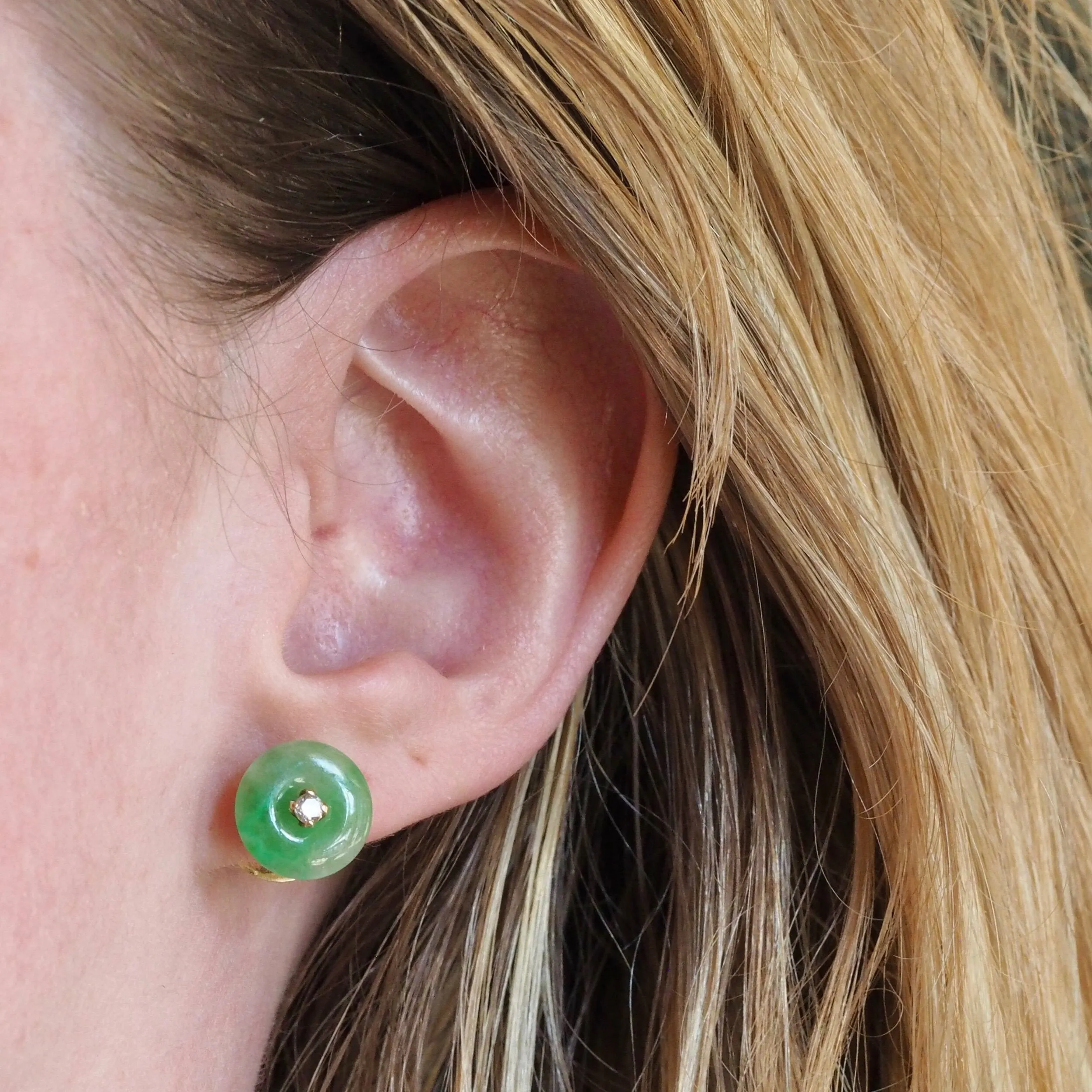 Vintage 18k Gold Jade and Diamond Earrings