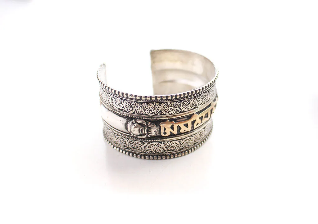 White Metal Om Mani Carved Cuff Bracelet for Meditation and Yoga