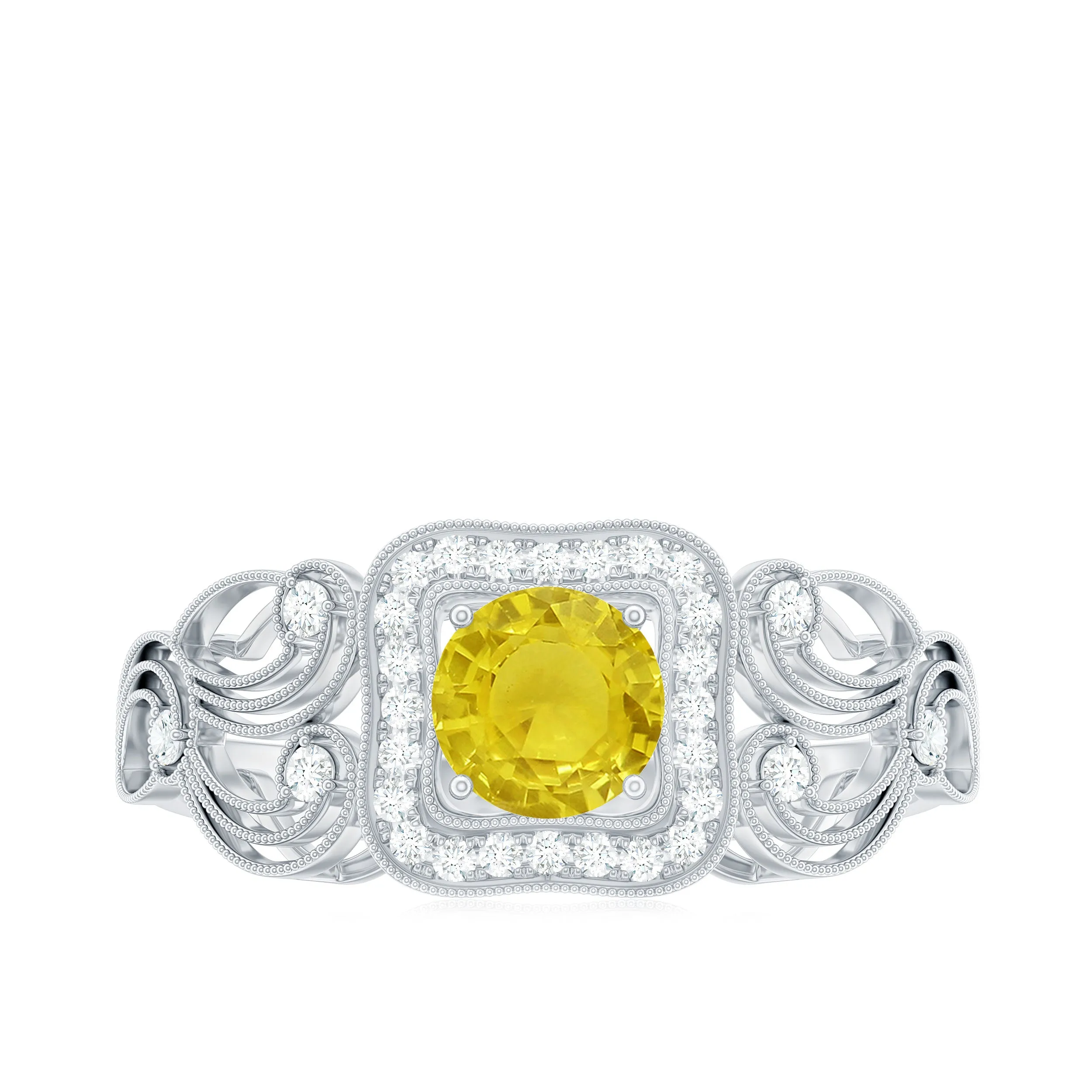 Yellow Sapphire Vintage Engagement Ring with Diamond Halo