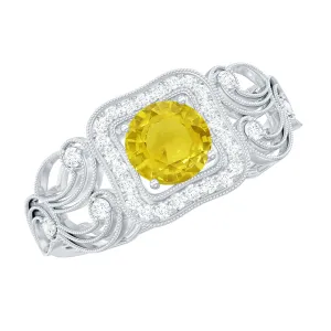 Yellow Sapphire Vintage Engagement Ring with Diamond Halo