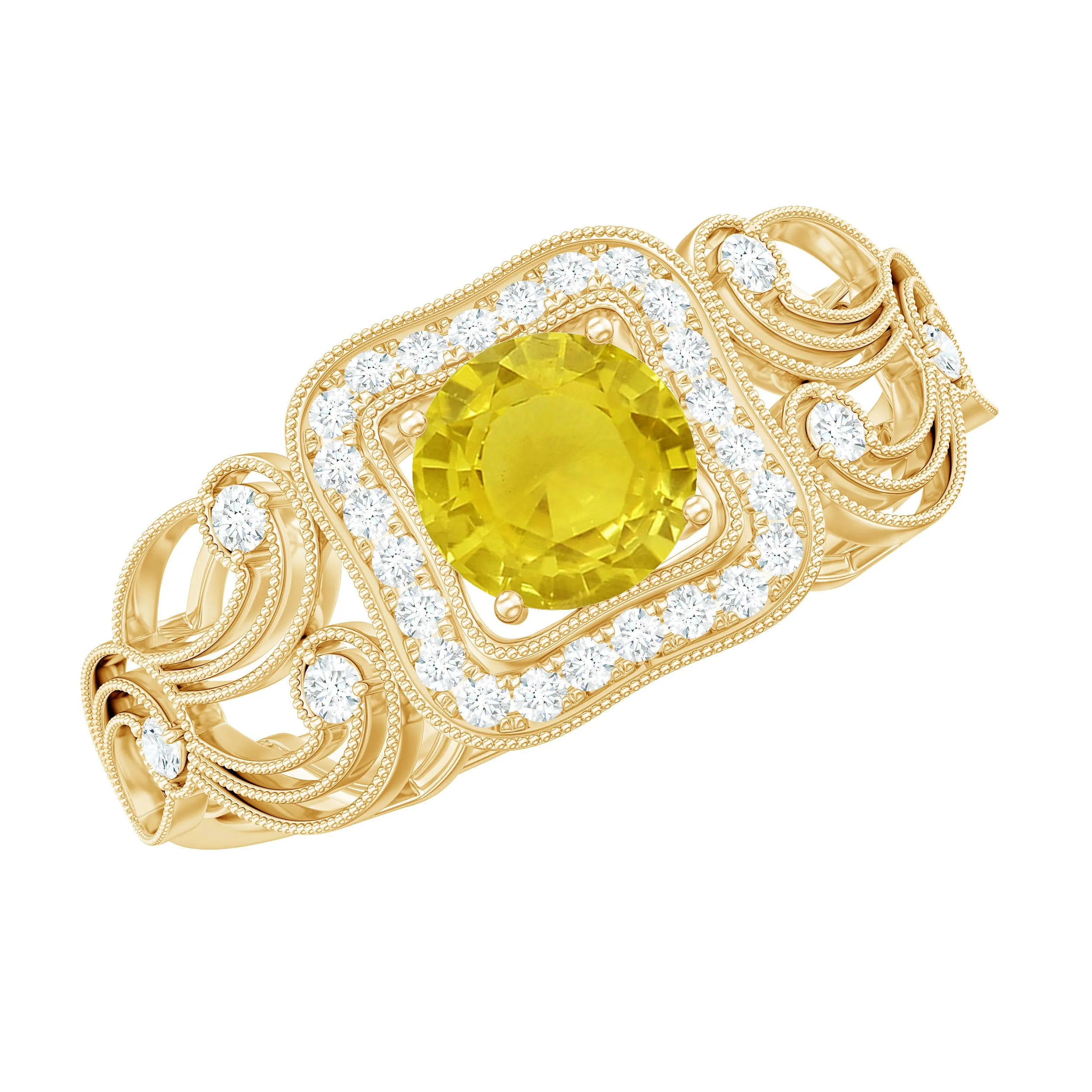 Yellow Sapphire Vintage Engagement Ring with Diamond Halo