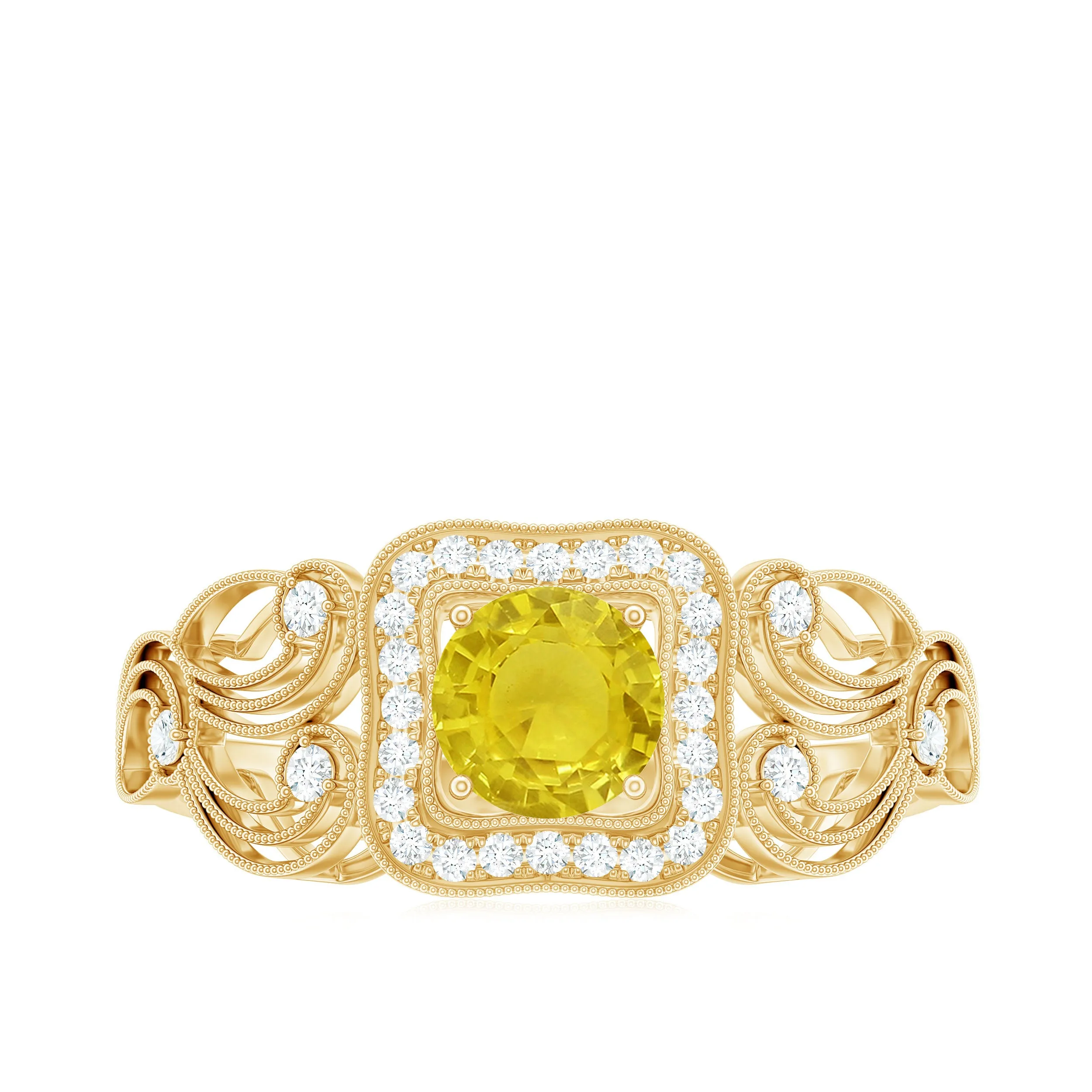 Yellow Sapphire Vintage Engagement Ring with Diamond Halo